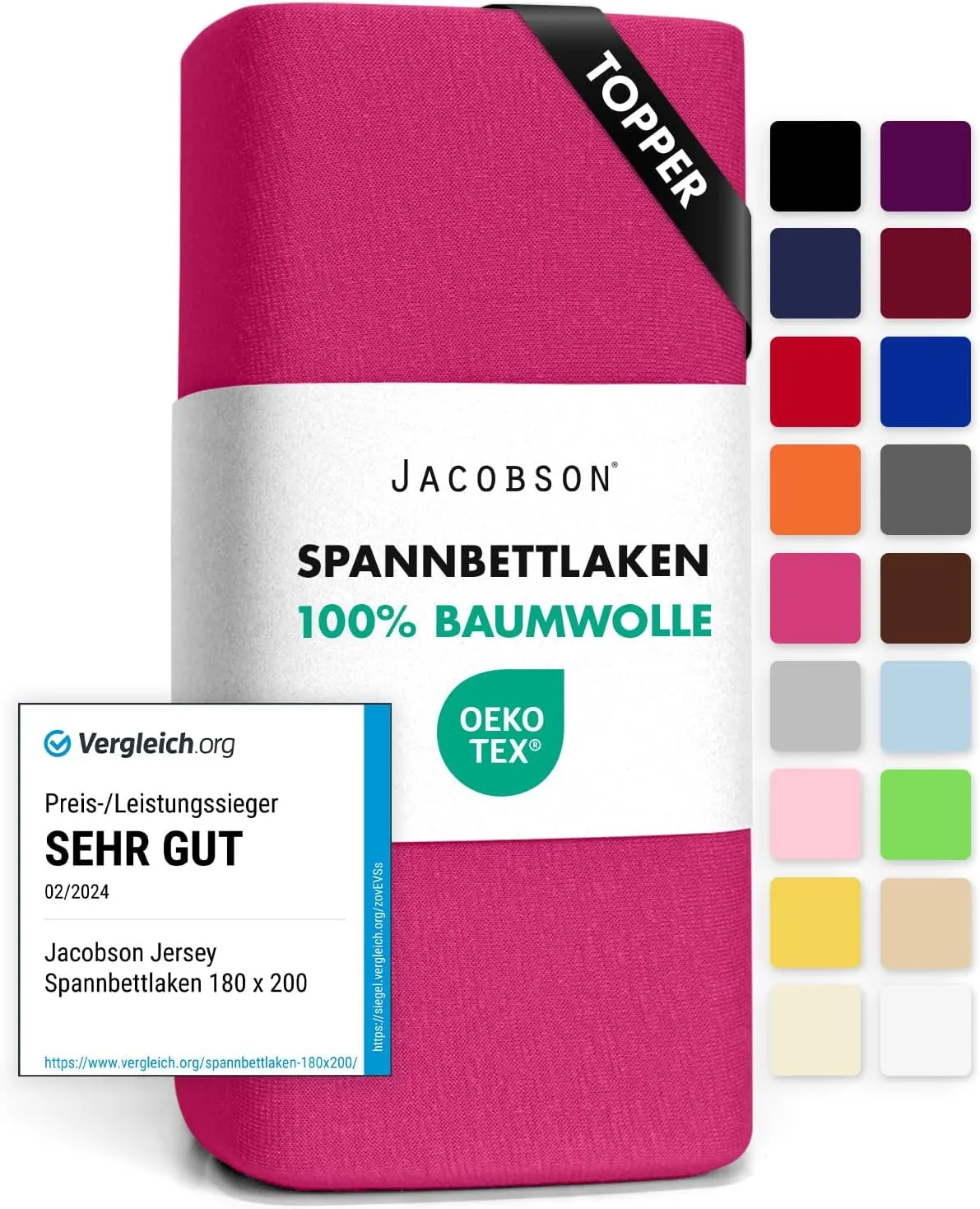 Jacobson Jersey Spannbettlaken Spannbetttuch Baumwolle Bettlaken (Topper 140-160x200 cm, Pink)