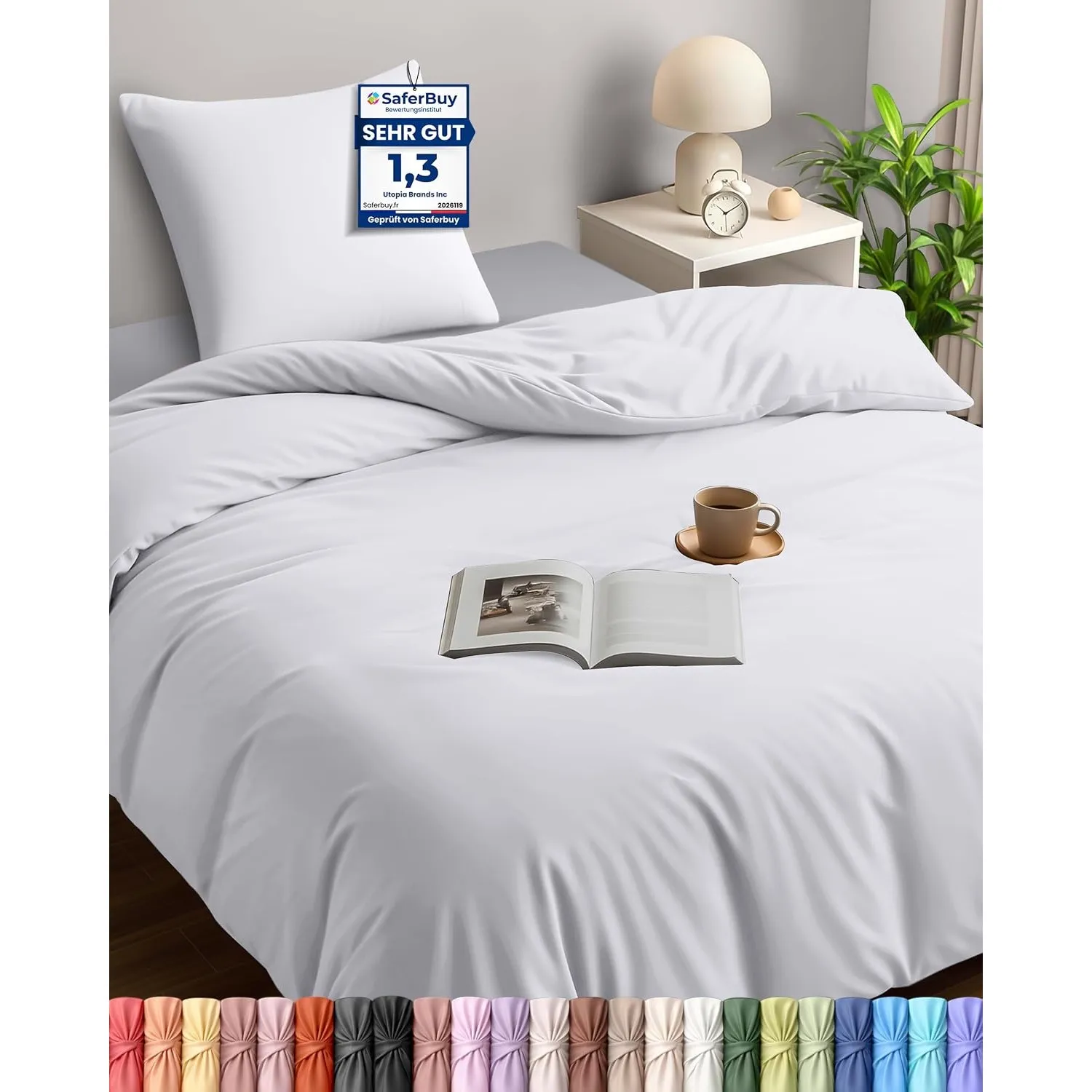 Utopia Bedding Bettwäsche 135x200 cm + 1 Kissenbezug 80x80 cm, Weiß