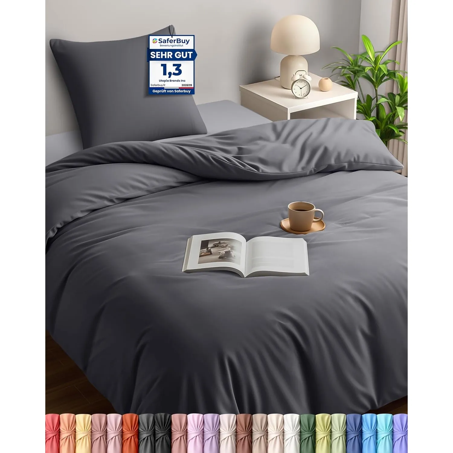 Utopia Bedding Bettwäsche 135x200 cm + 1 Kissenbezug 80x80 cm, Grau