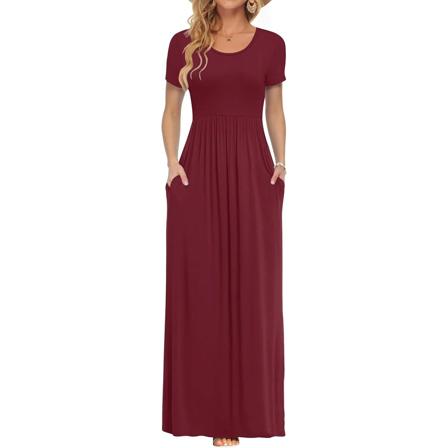 AUSELILY Damen Kurzarm Sommer Casual Long Maxi Kleider mit Taschen