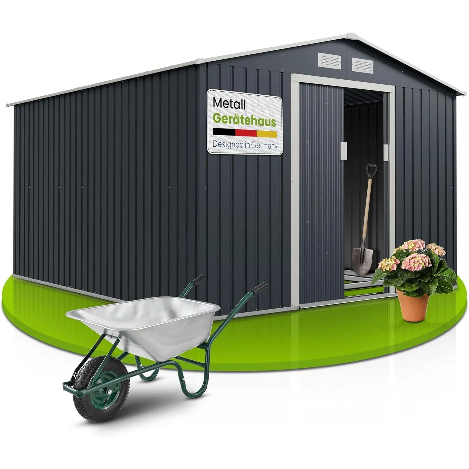 Juskys Gerätehaus Metall 8,9 m² – Geräteschuppen mit Pultdach, Schiebetür & Fundamentrahmen, kleines Gartenhaus als Gar…