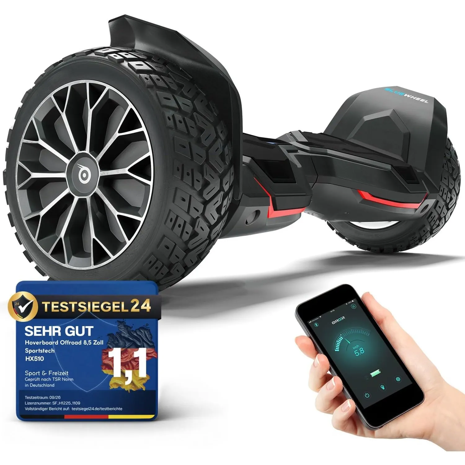 Bluewheel HX510 Hoverboard Offroad 8,5 Zoll, Dual Motor, App, Kindermodus