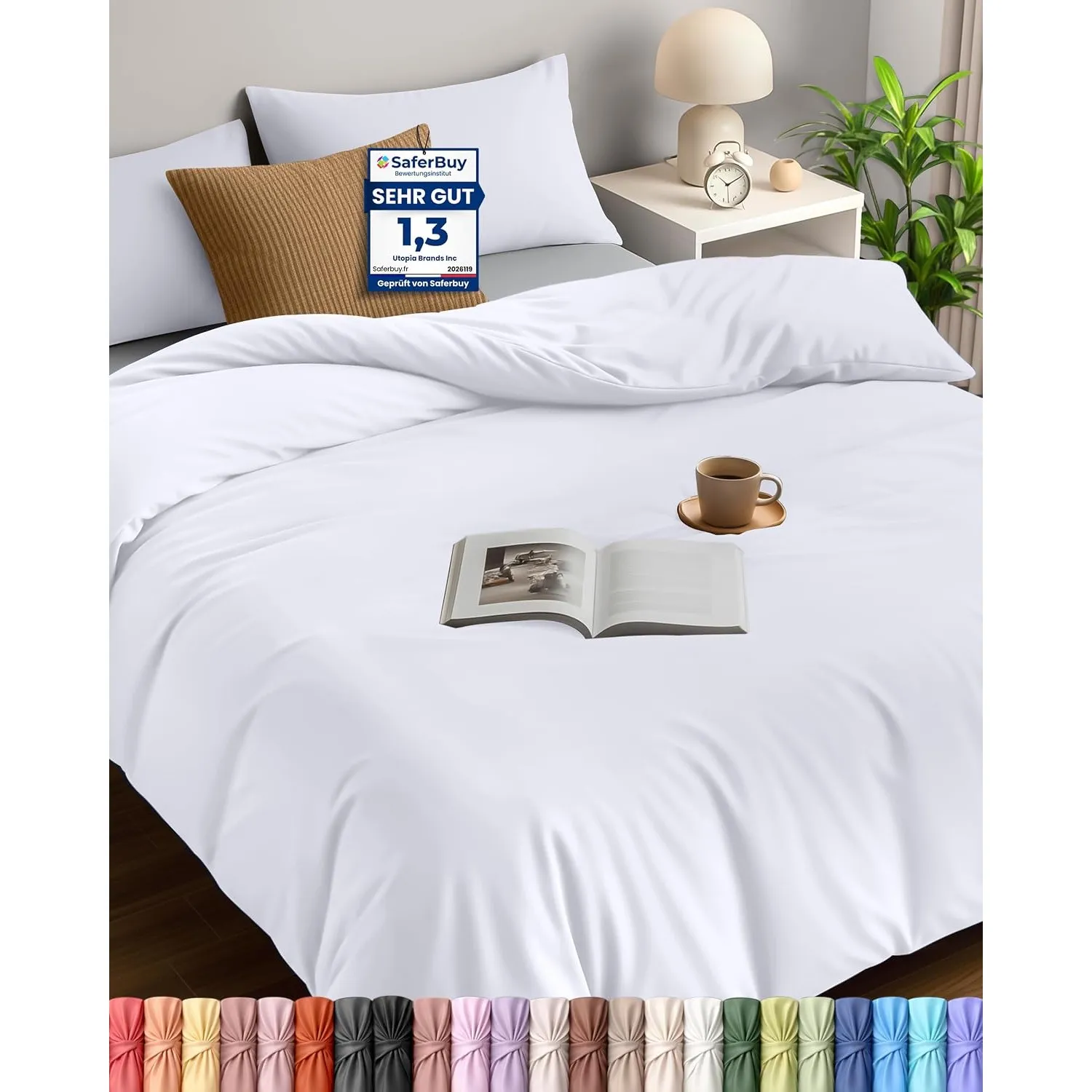 Utopia Bedding Bettwäsche 230x220 cm + 2 Kissenbezüge 50x75 cm, Weiß | Bettbezug Mikrofaser mit Reißverschluss, Oeko-TE…