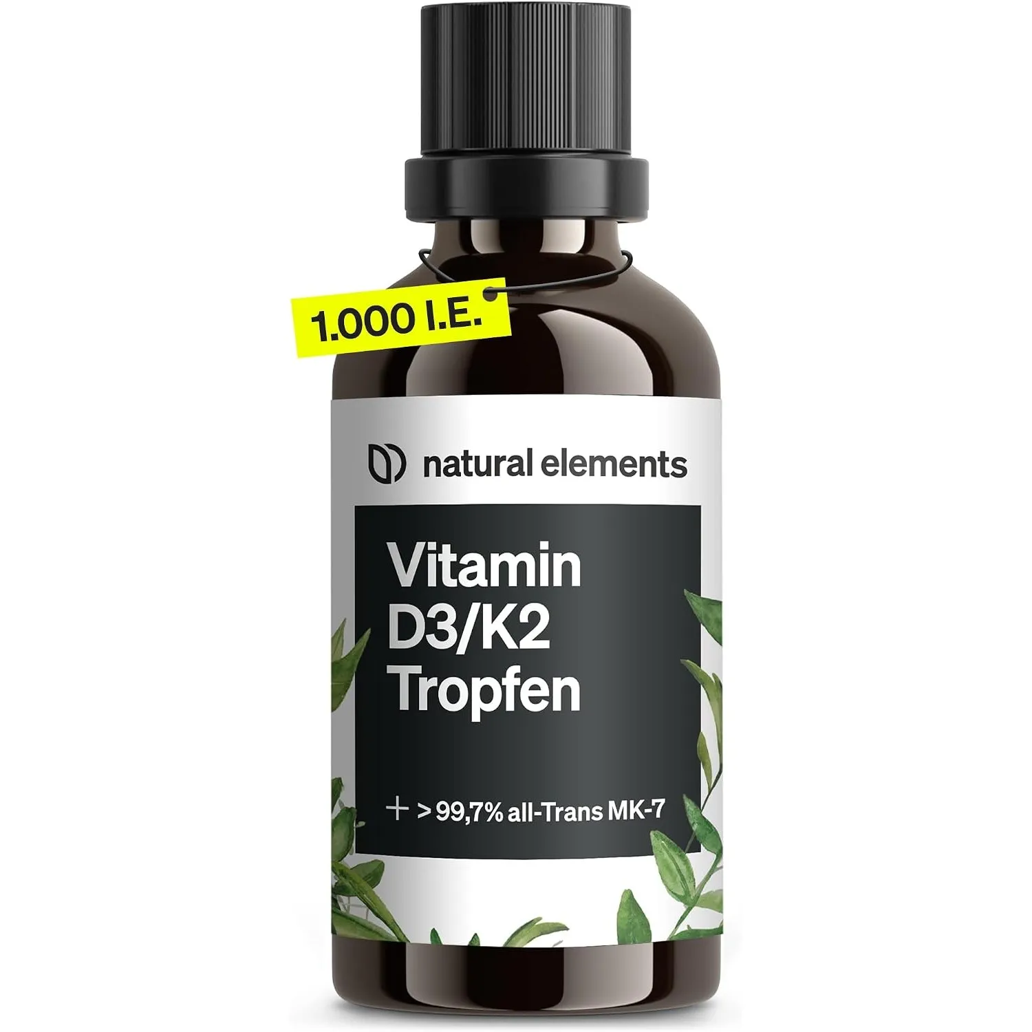 natural elements Vitamin D3 + K2 Tropfen 50ml - Premium: 99,7+% All-Trans (K2VITAL® von Kappa) + hoch bioverfügbares Vi…