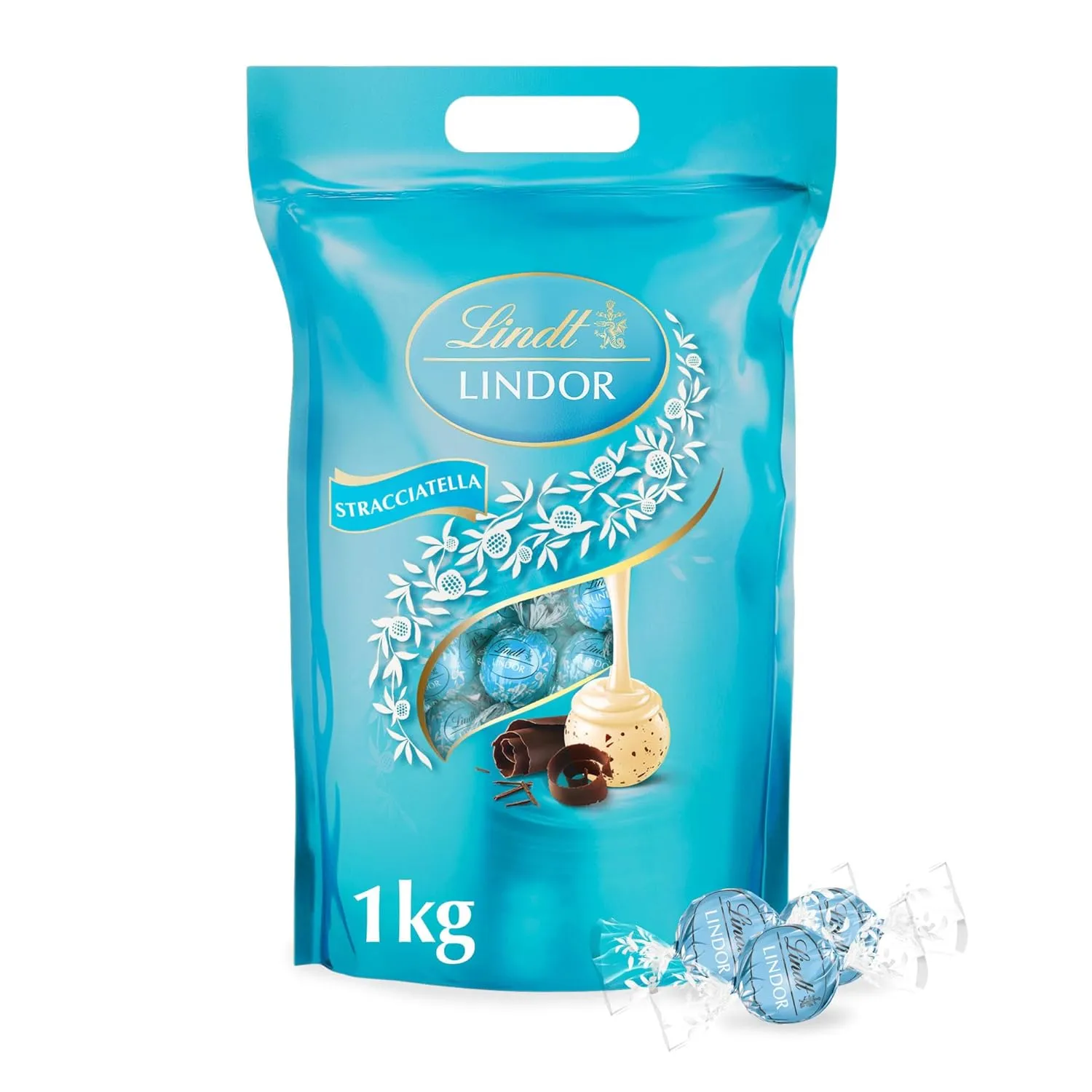 Lindt LINDOR Schokoladen Kugeln Stracciatella | 1 kg Beutel, wiederverschließbar | ca. 78 weiße Schokolade mit Kakaospl…