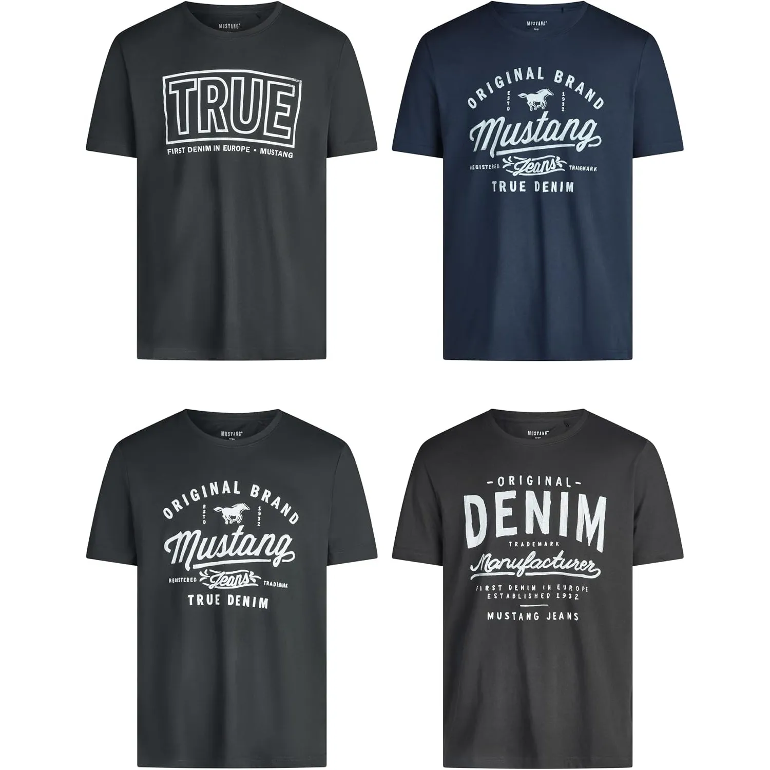 MUSTANG Tshirt Herren Baumwolle Regular Fit 4er Pack Set Rundhals Kurzarm Sommer Tee Shirt Logoprint Schwarz Weiß Grau …