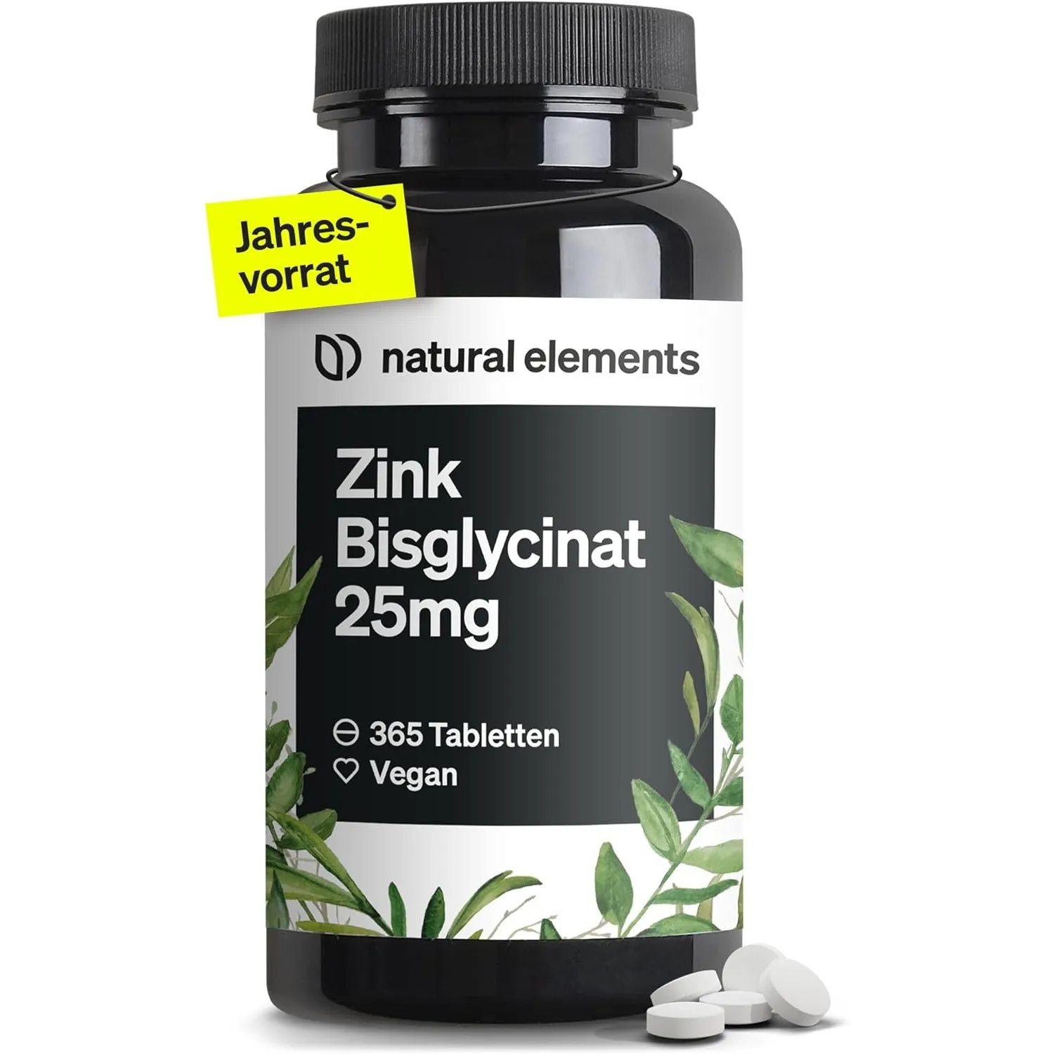 natural elements Zink 25mg – 365 Tabletten – gut verträgliches Zinkbisglycinat (Zink-Chelat) – vegan, hochdosiert, ohne…