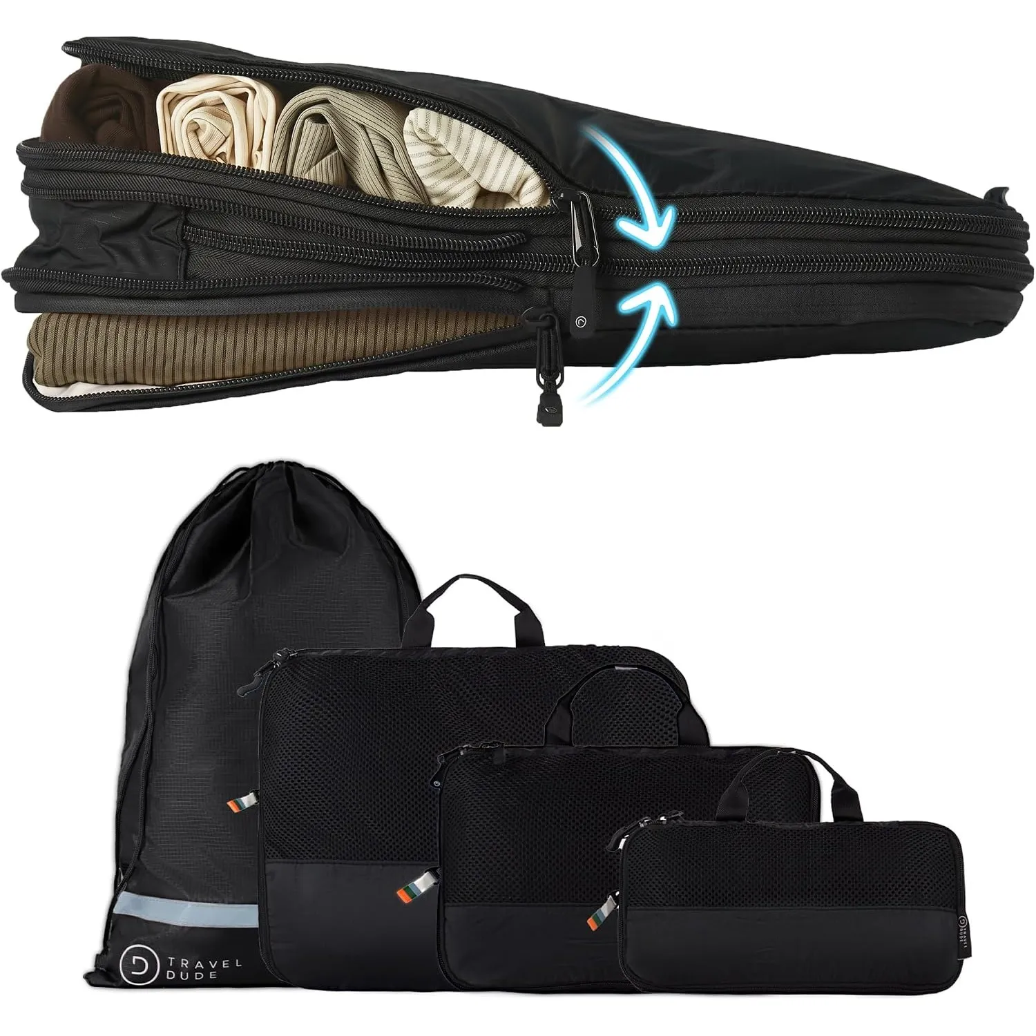 TRAVEL DUDE Packwürfel Set mit Kompression aus recycelten Plastikflaschen, Leichte Packing Cubes, Packtaschen Set für R…