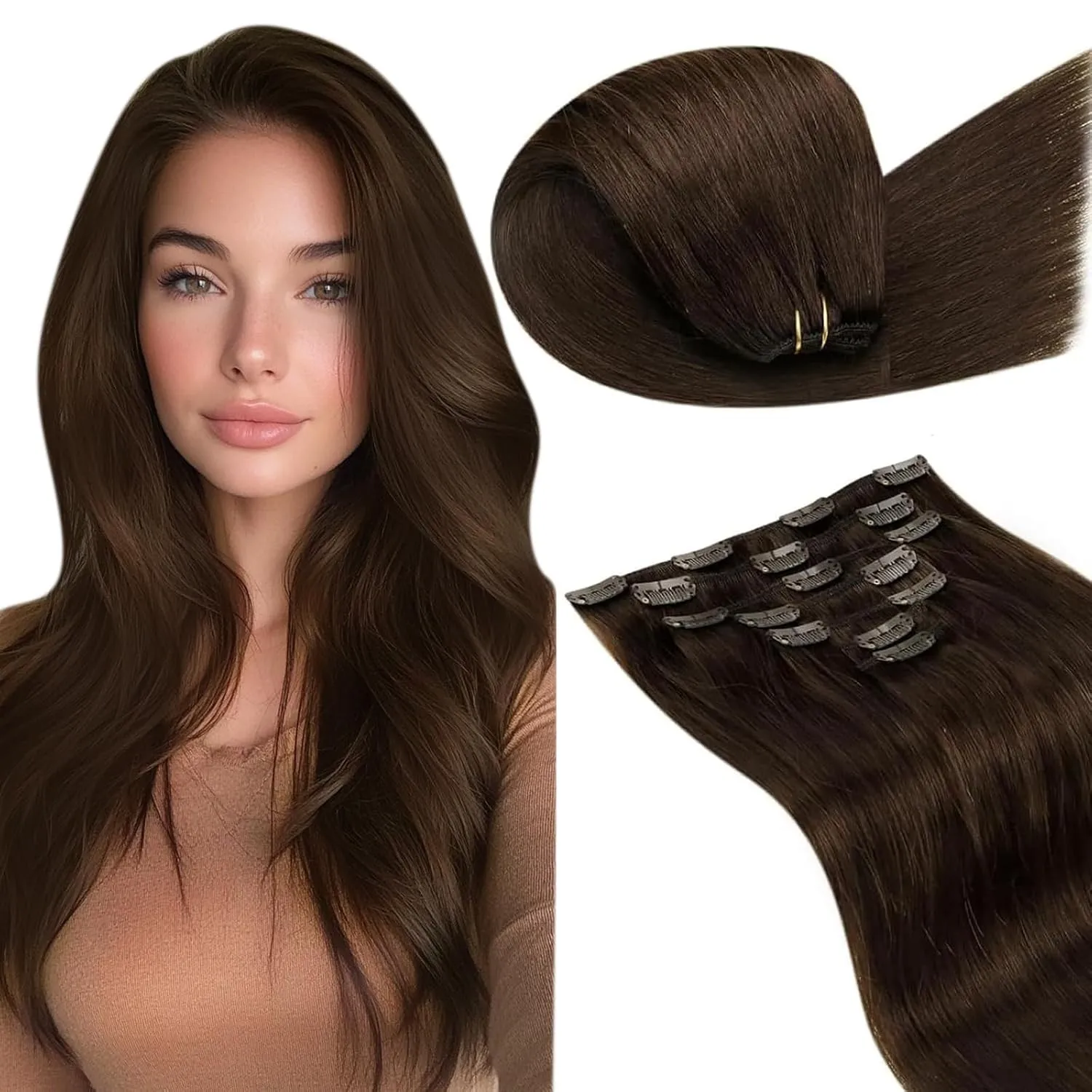 LaaVoo Clip in Extensions Echthaar Braun 55cm Lang Extensions Clip Echthaar Dunkelbraun Natürliche Haarverlängerung Ech…