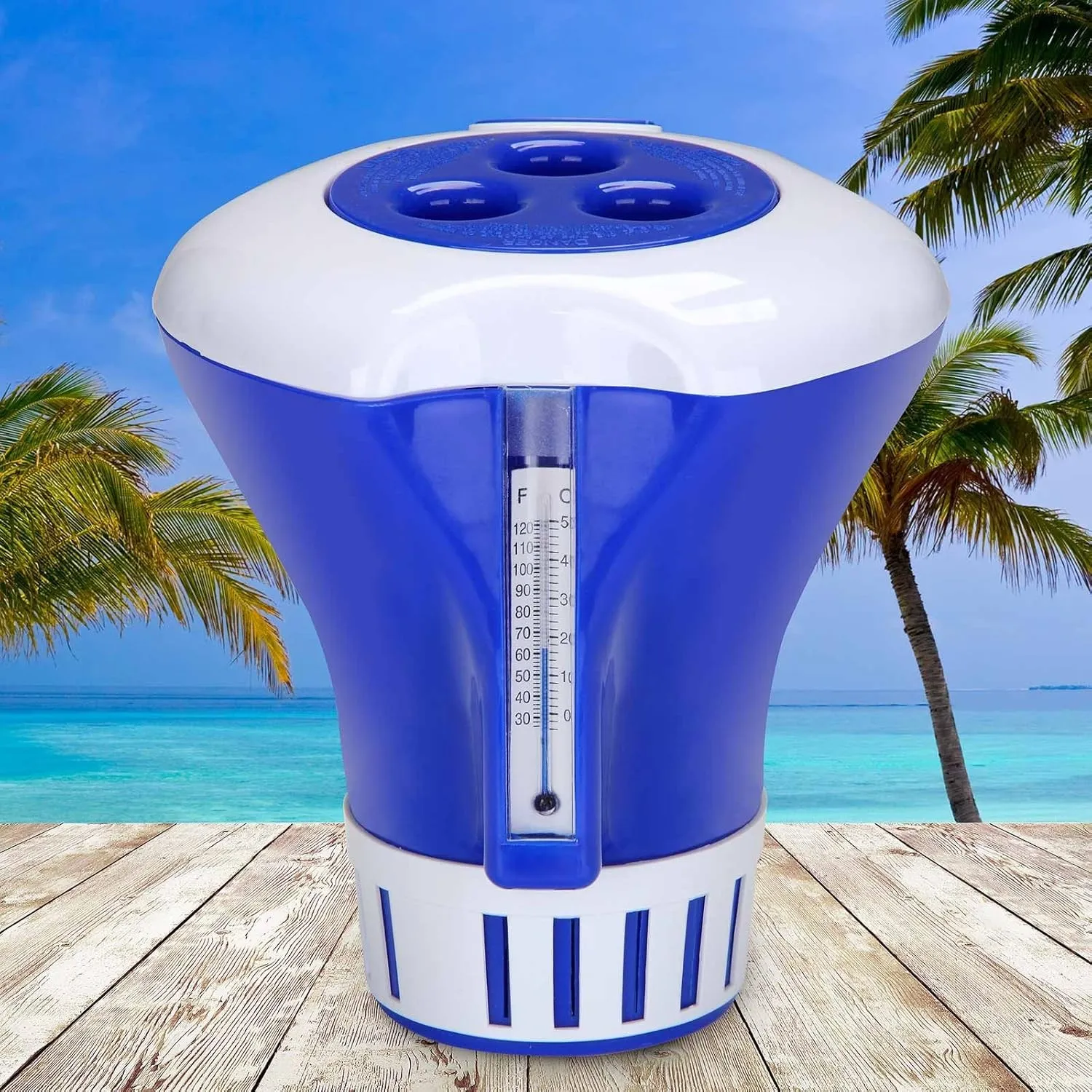 Deuba® Dosierschwimmer Pool Groß 20-200g Chlor Brom Breite Öffnung Tabletten Tab Chlorbehälter Thermometer Dosierer Sch…