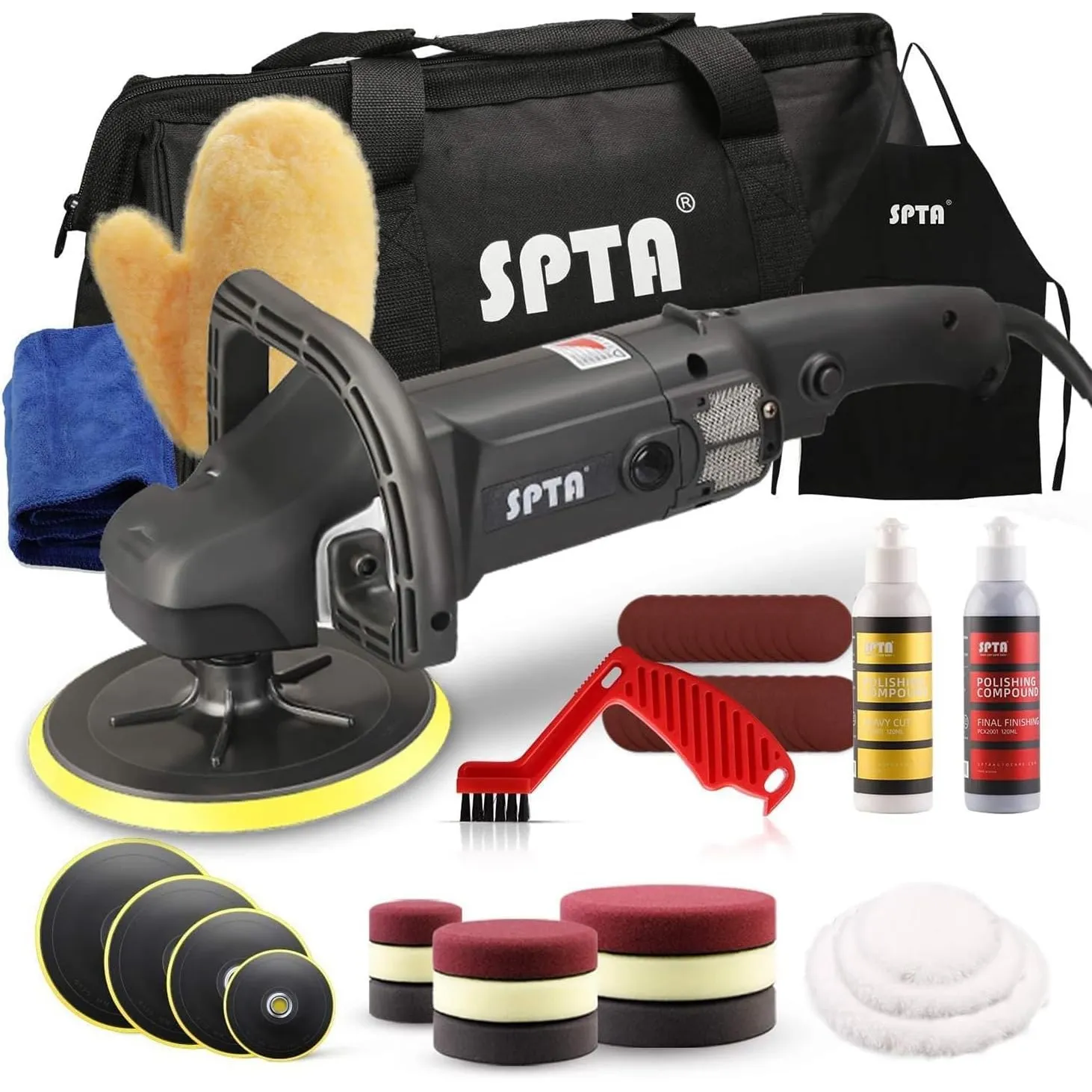 Poliermaschine, SPTA 125mm/150mm/180mm Polierer mit Variable Geschwindigkeit Profiset - Schleifmaschine 1200 Watt Set +…