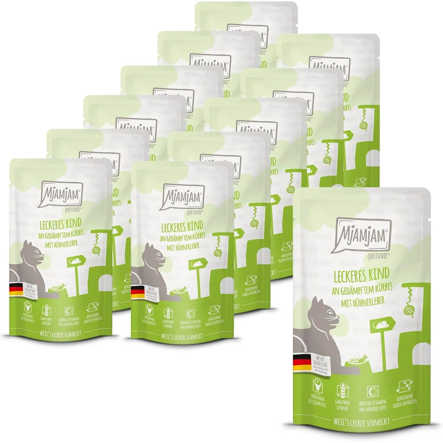 MjAMjAM - Premium Nassfutter für Katzen - Quetschie - leckeres Rind an gedämpftem Kürbis, 12er Pack (12 x 125 g), getre…