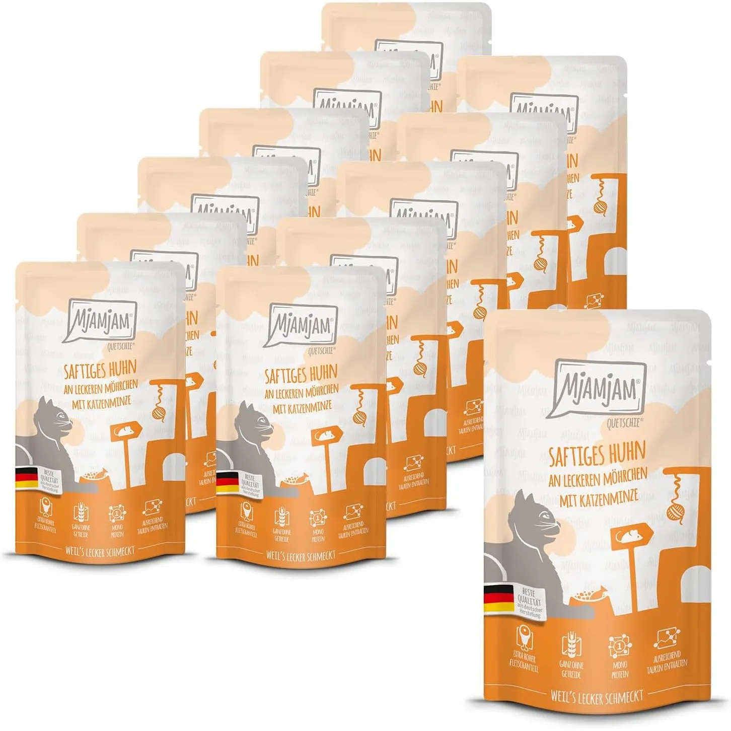 MjAMjAM - Premium Nassfutter für Katzen - Quetschie - saftiges Huhn an leckeren Möhrchen, 12er Pack (12 x 125 g), getre…
