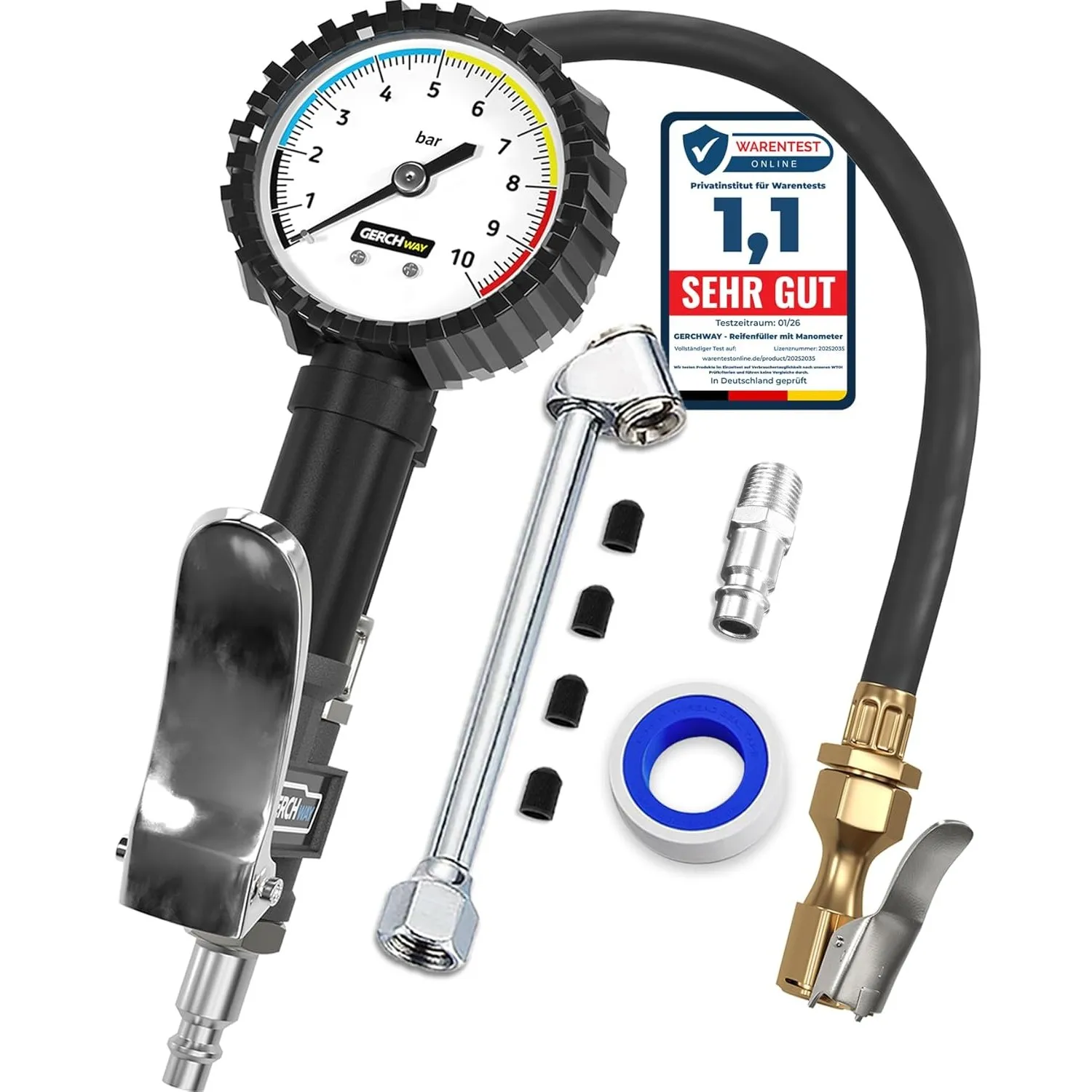 GERCHWAY Reifenfüller mit Manometer – Präziser, robuster 0-10 bar Druckluft Reifendruckfüller für Kompressor – Extra la…