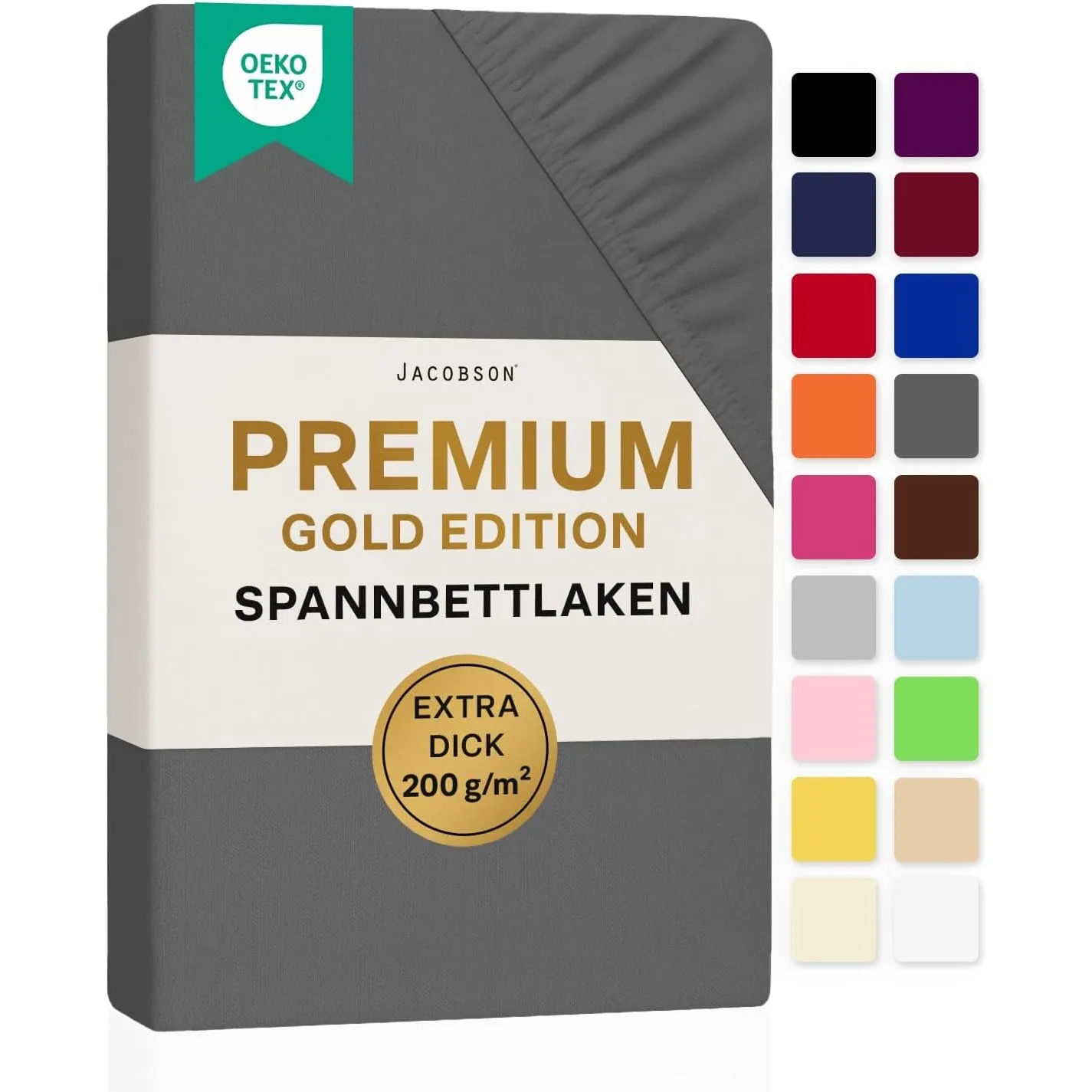 Jacobson Premium Spannbettlaken 200 g/m² Jersey Baumwolle mit Elasthan (90x200-100x200 cm, Anthrazit)