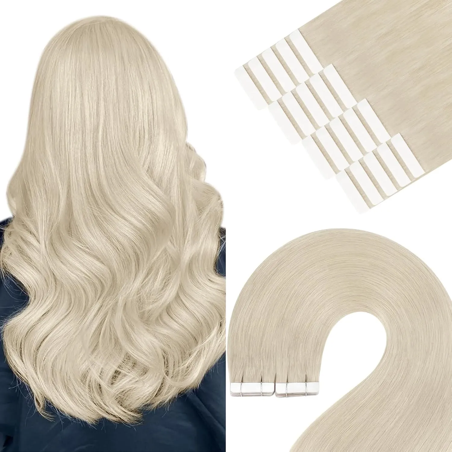 YoungSee Echthaar Extensions Tape Platinblond Invisible Tape in Extensions-Echthaar Blond Extension Tape-in Echt Haar B…
