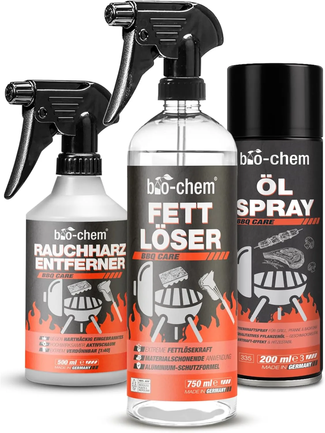 bio-chem Grillreiniger Set 3-teilig – Grill Reinigungsset für Gasgrill, Backofen & Edelstahl – Fettlöser, Rauchharz Ent…