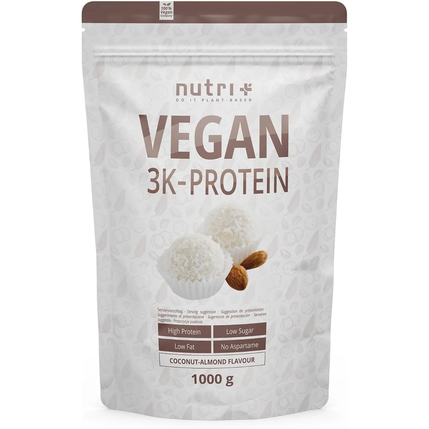 Nutri + Protein Vegan Kokos Mandel 1000g - 81% Eiweiß - 3k blend Pulver - Veganes Eiweißpulver - Kokosnuss Proteinpulve…