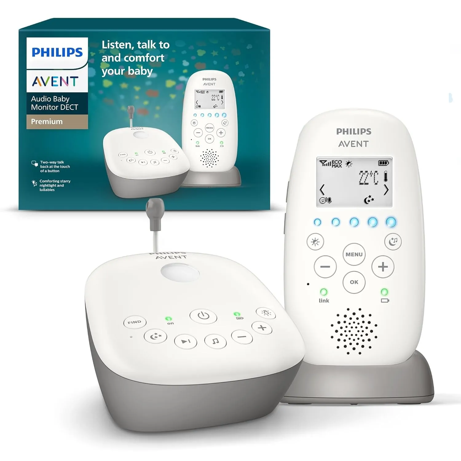 Philips AVENT Audio Babyphone, DECT-Technologie, Eco-Mode, Sternenhimmel, Gegensprechfunktion, Schlaf- und Nachtlieder,…