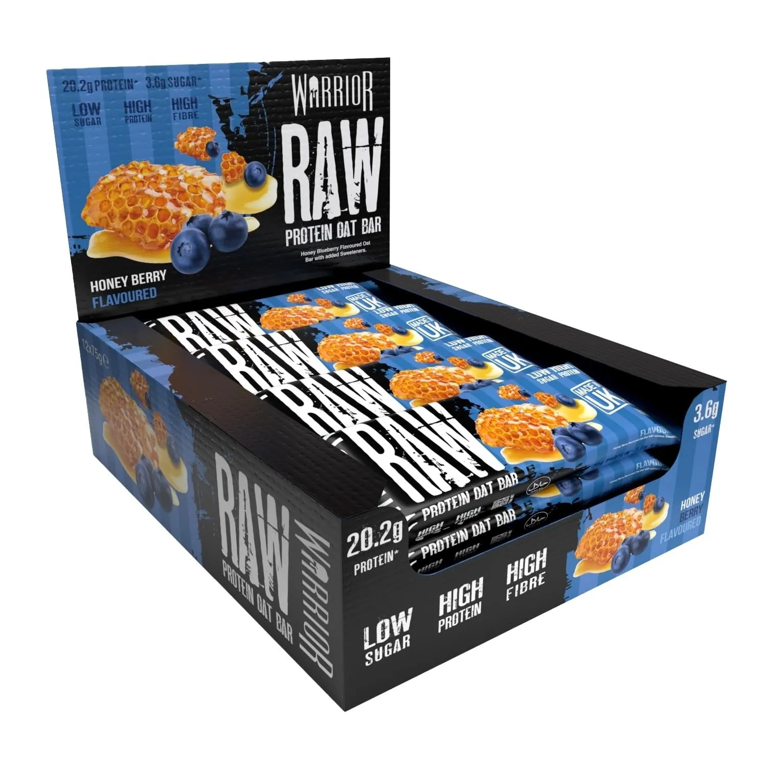 Warrior Raw Proteinriegel 12 x 75 g – Honigbeere 12 Riegel, ballaststoffreich, mit Protein & Hafer, als Snack oder vor …