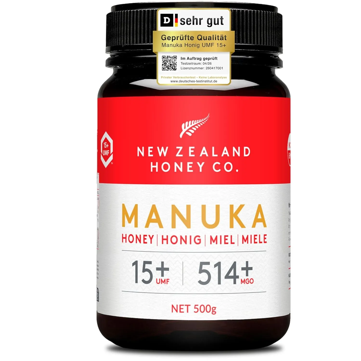 Manuka Honig MGO 514+ UMF 15+, monofloral, unabhängig laborgeprüft, 500g | Hoher Aktivitätsgrad, UMF 15+ & MGO zertifiz…