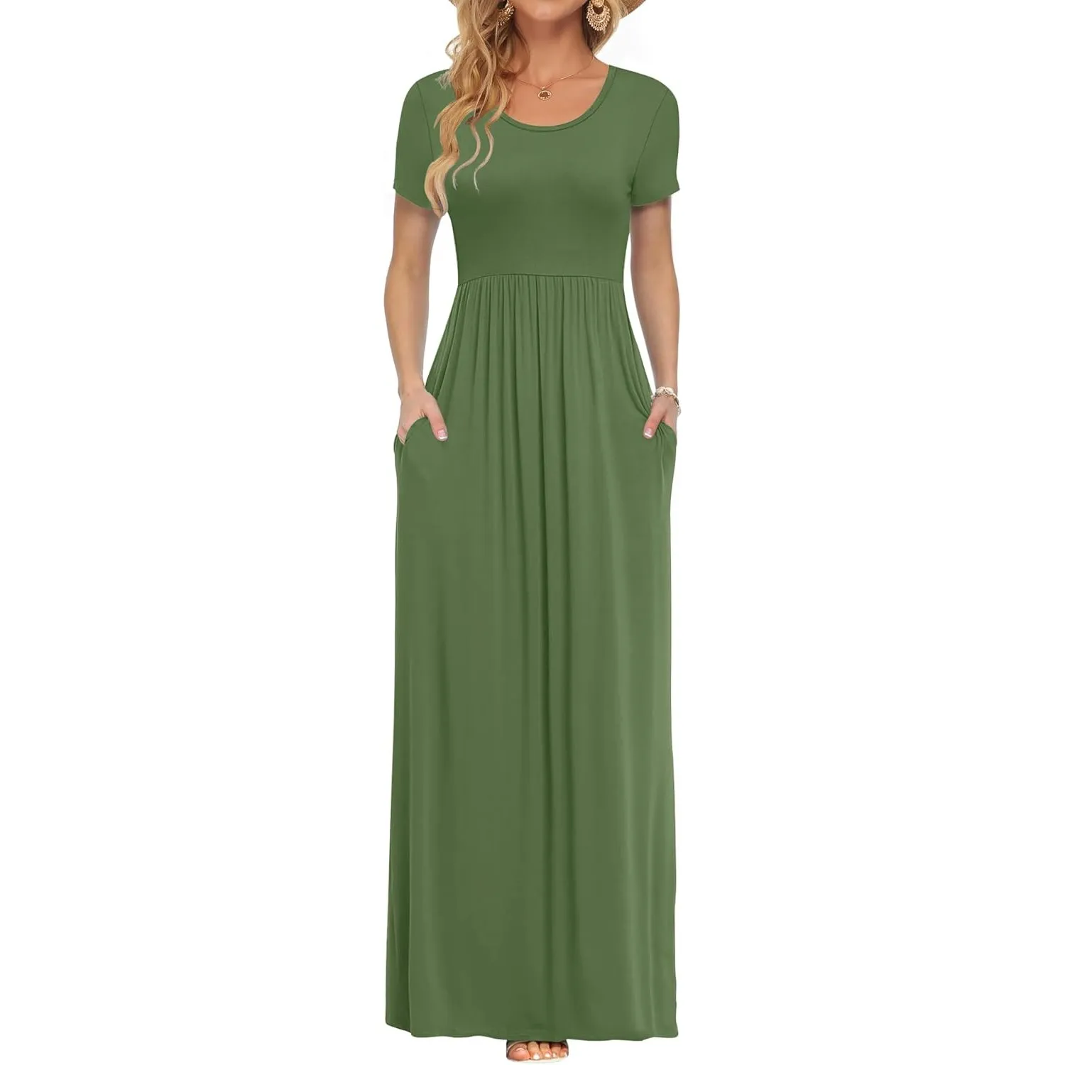 AUSELILY Damen Kurzarm Sommer Casual Long Maxi Kleider mit Taschen | Ganzjähriges Tragen, solider Blumendruck, Freizeit…