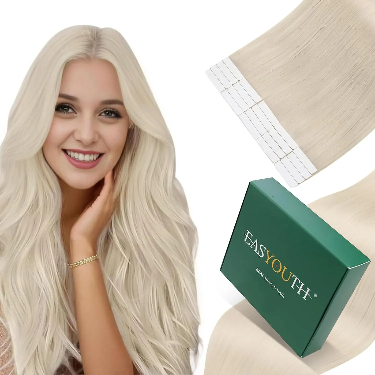 Easyouth Tape Extensions Echthaar Platinblond Weiche 1000 35cm