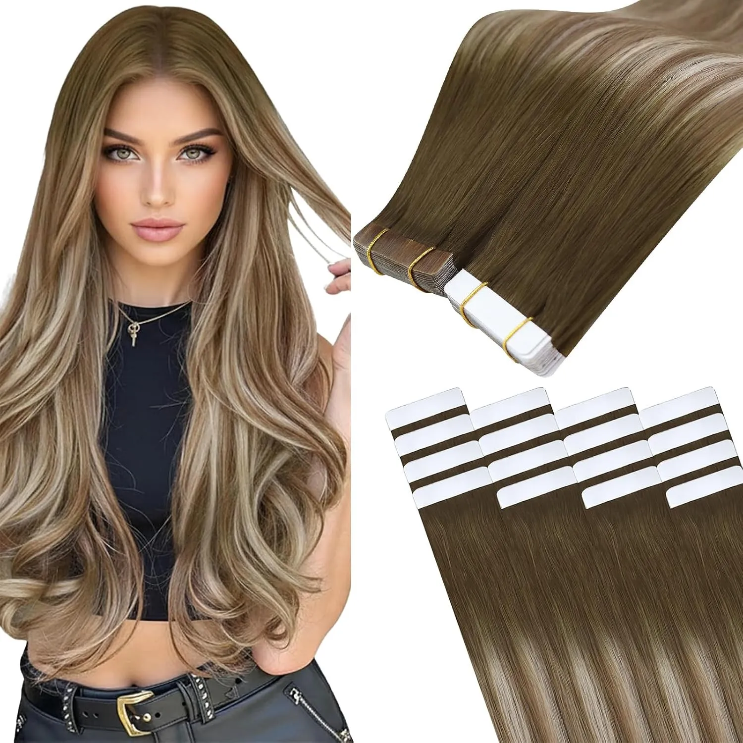 Easyouth Haarverlängerung, Echthaar, Balayage Hellbraun mit Blond, Extensions, Remy-Echthaar, glatt, braun, Schatten, E…