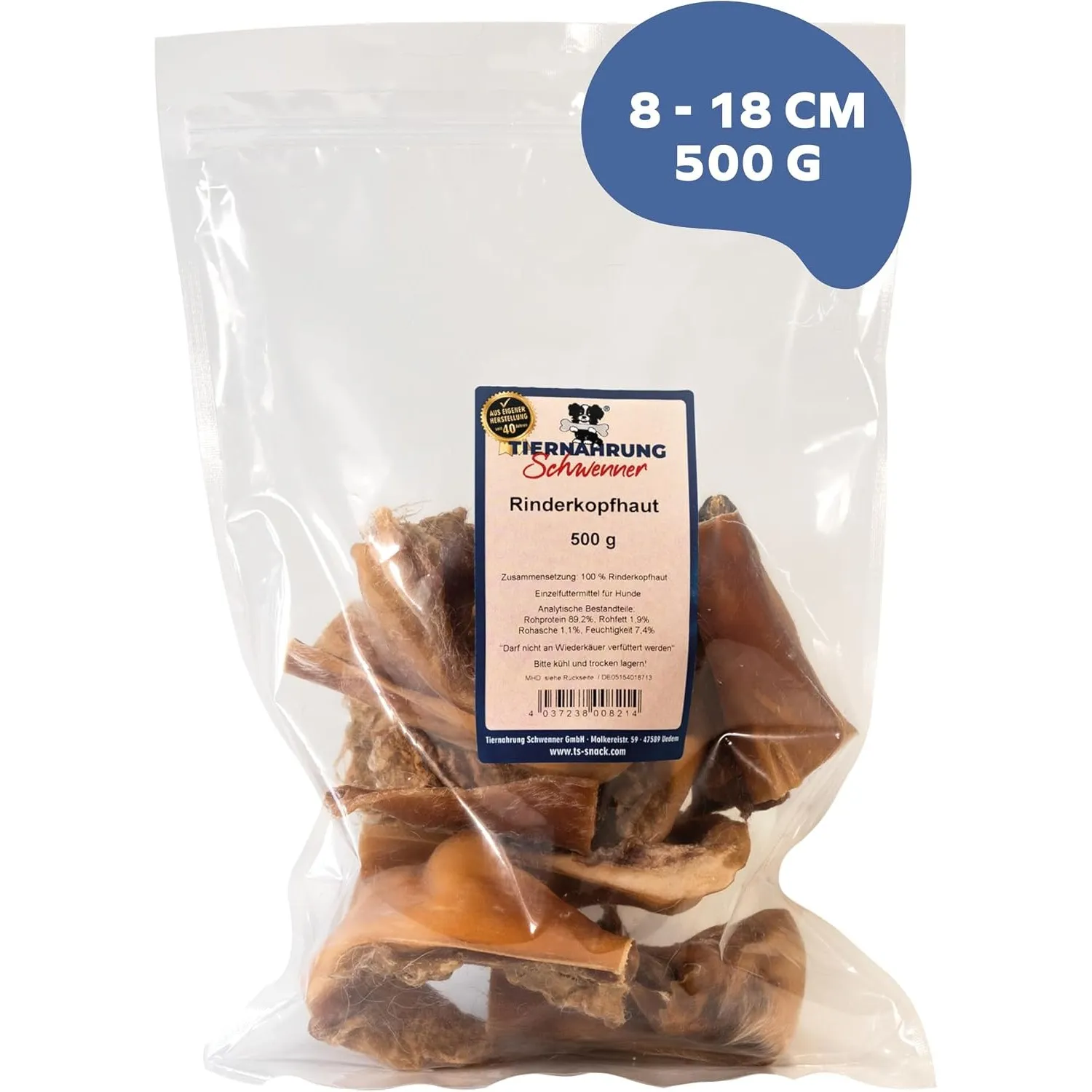 Kurze Rinderkopfhaut für Hunde getrocknet – Dog Snacks – Hunde Zahnpflege – 500g 8-18 cm