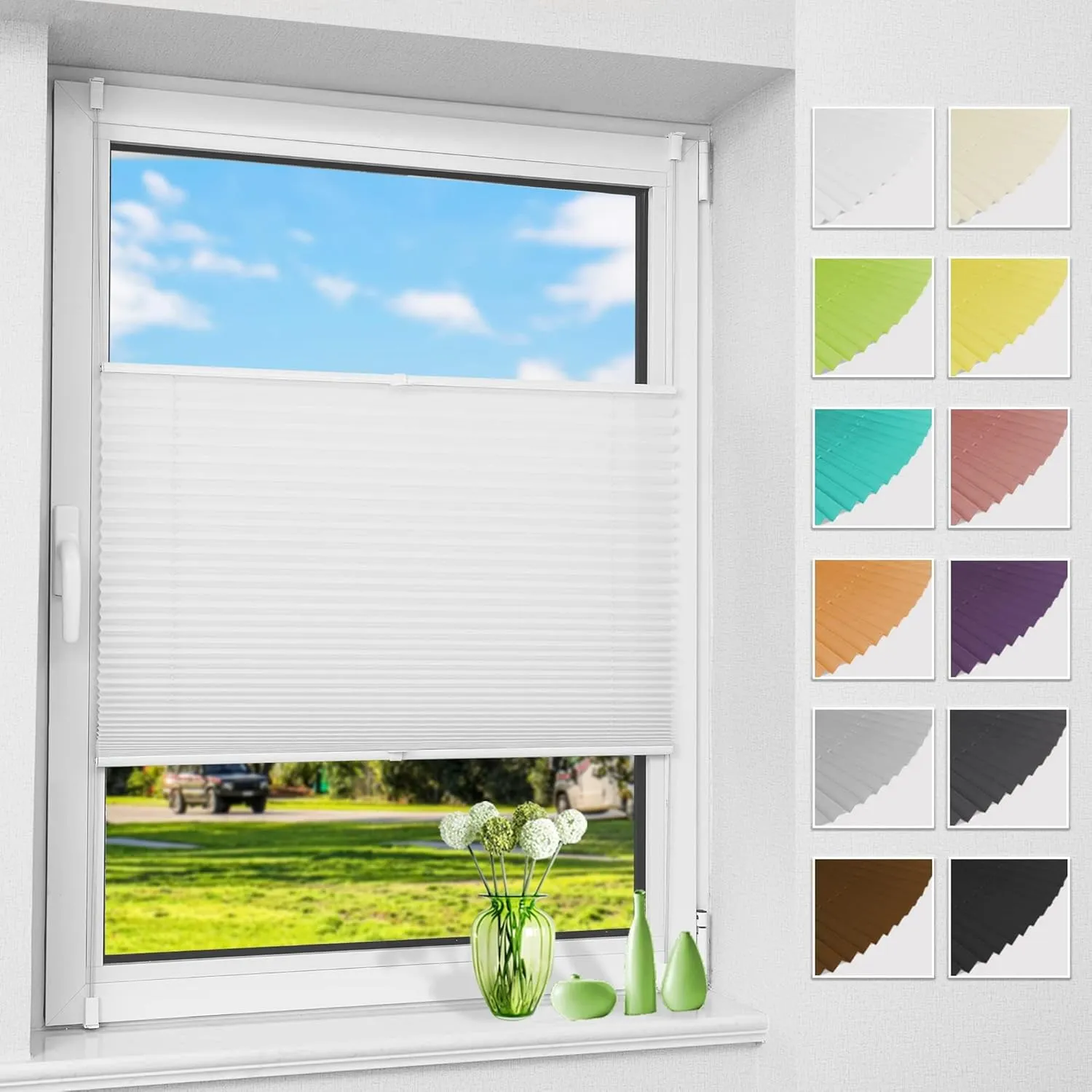 Allesin No-Drill Pleated Blind with Klemmfix, White 70 x 100 cm (W x H), Folding Roller Blind with Clamping Brackets, V…