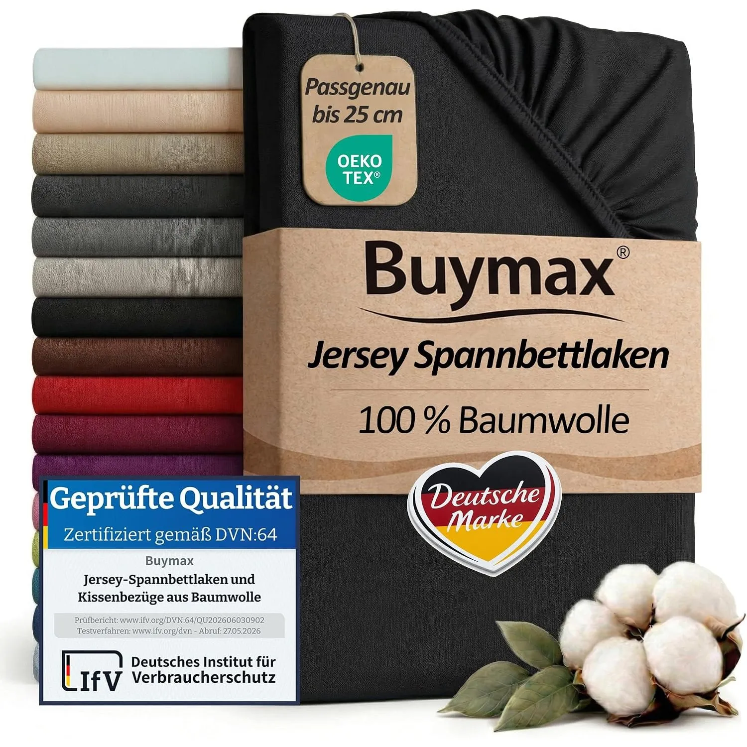 Buymax Spannbettlaken 120x200cm Baumwolle 100% Spannbetttuch Bettlaken Jersey, Matratzenhöhe bis 25 cm, Farbe Schwarz