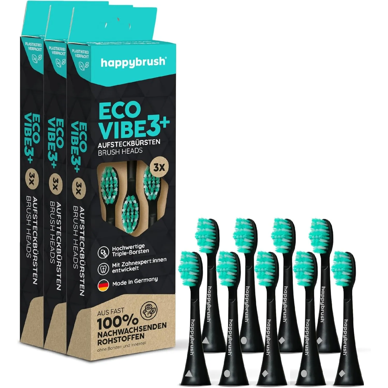 happybrush® Nachhaltige Aufsteckbürsten für elektrische Schall-Zahnbürste Eco VIBE 3 - Schwarz/Mint - 3x3 Stück