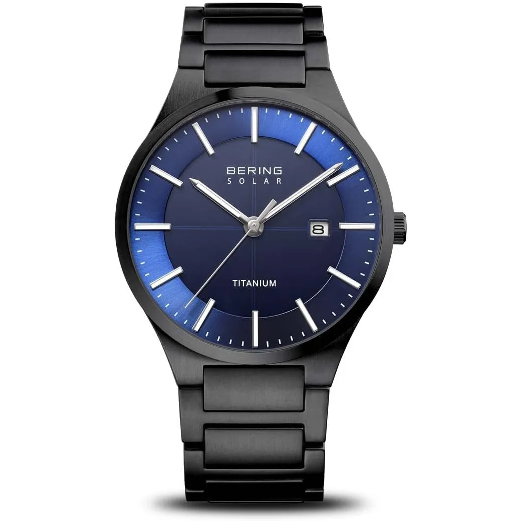 Bering Herren Solar Uhr | Armbanduhr 39 mm Titangehäuse und Zifferblatt | Titanband mit Titanelementen | 10 ATM | 15239