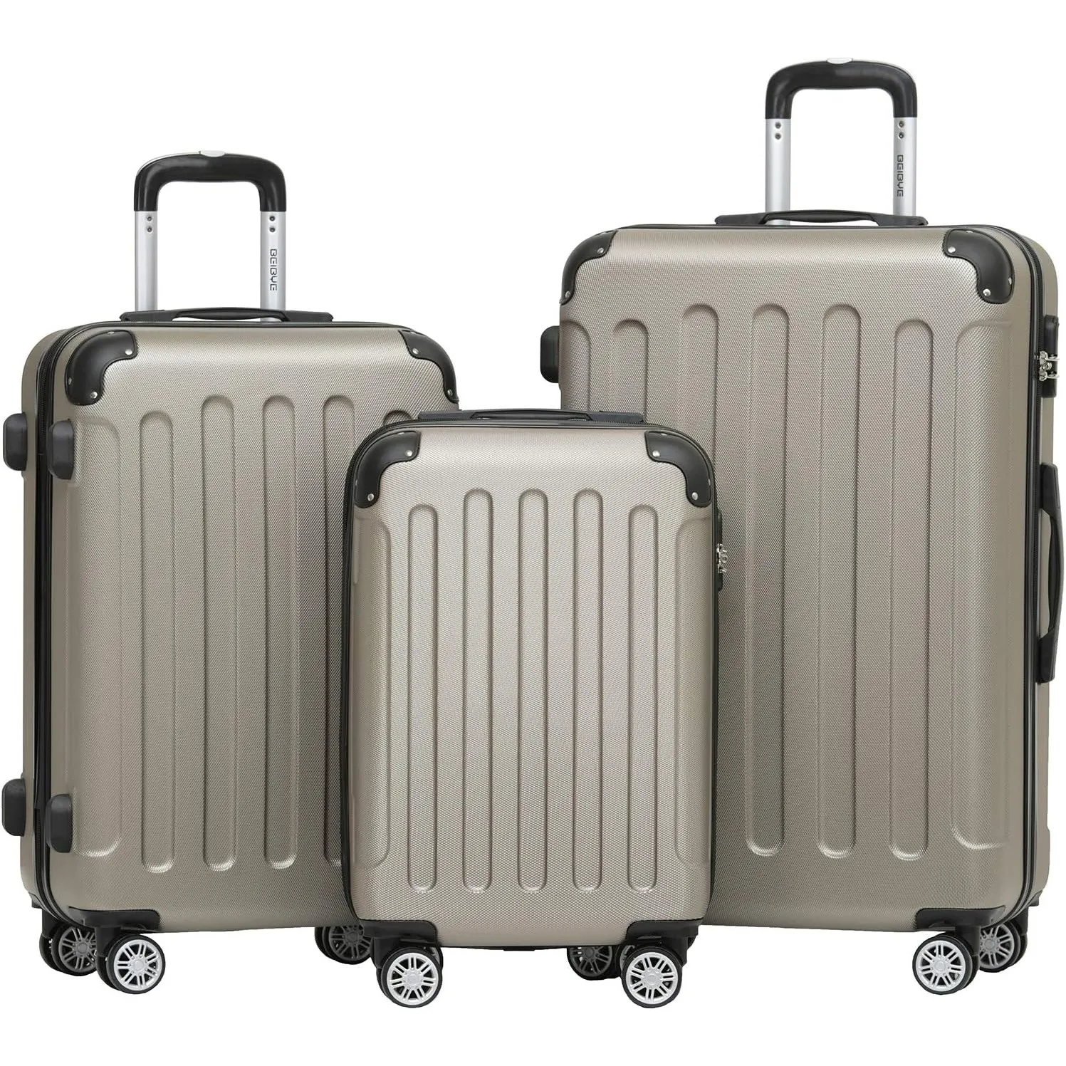 BEIBYE Zwillingsrollen Hardcase Reisekoffer Koffer Trolleys Hartschale in XL-L-M in 14 Farben (Champagner, Kofferset)