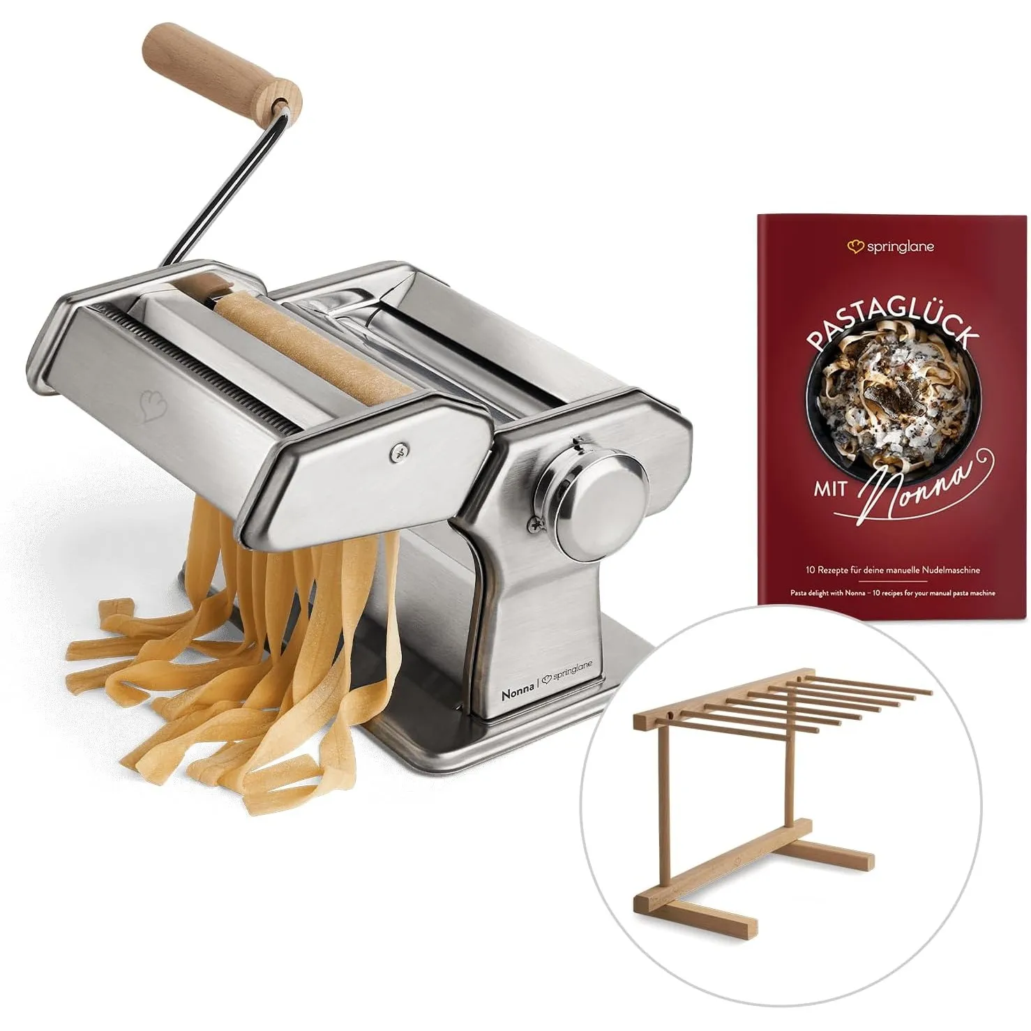 SPRINGLANE Manuelle Nudelmaschine Nonna, Edelstahl, Pastamaker inkl. Rezeptheft, Nudeltrockner & 3 Schneideaufsätze für…