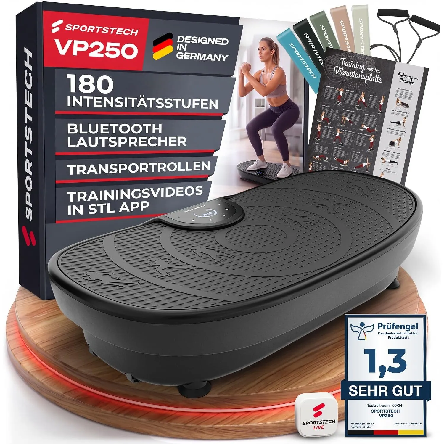 Sportstech Vibrationsplatte, leiser Motor, Yoga & Lymphdrainage VP250