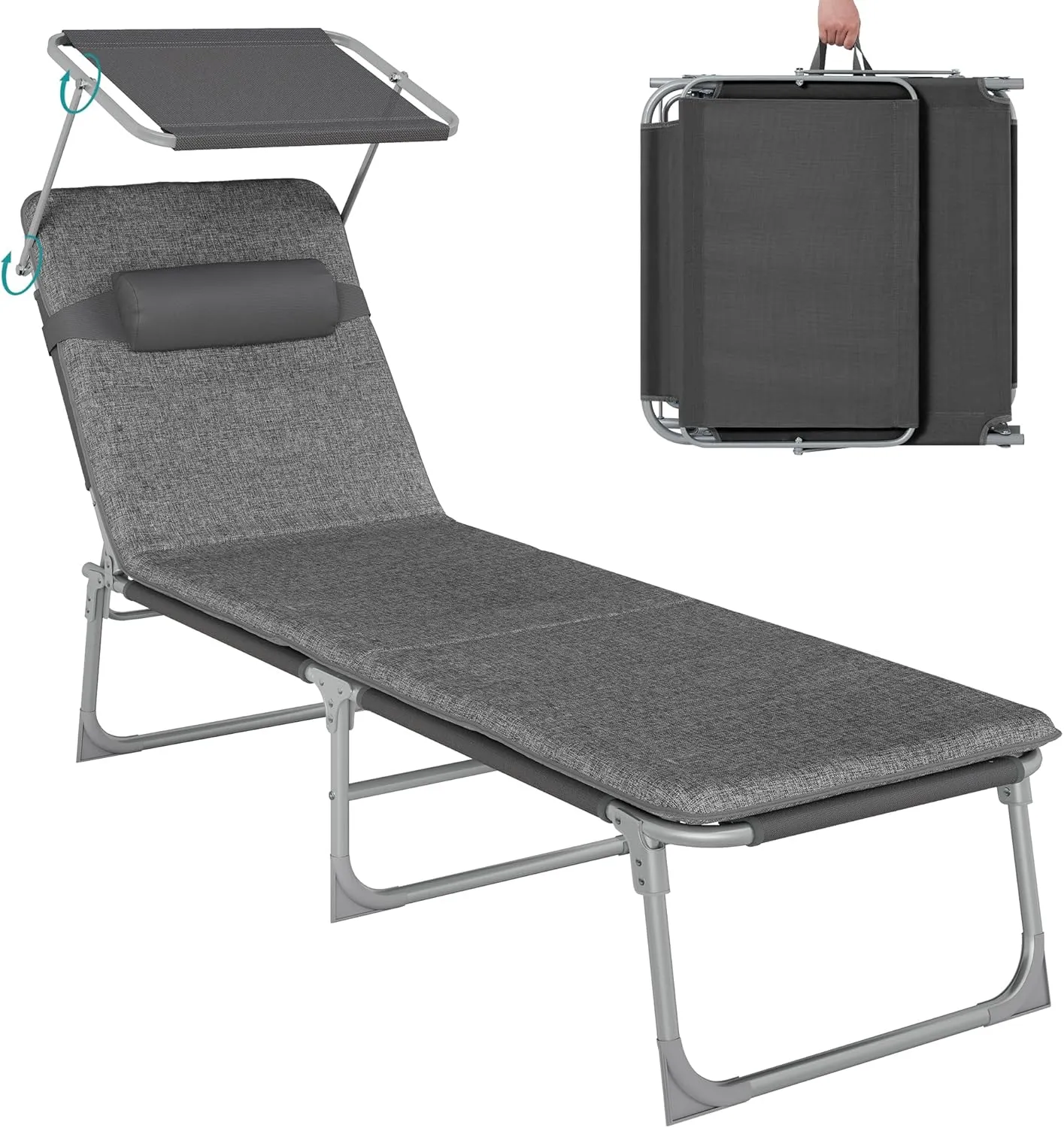 SONGMICS sun lounger, deckchair with 3 cm thick support, headrest, sunroof, backrest adjustable, foldable, 53 x 193 x 2…