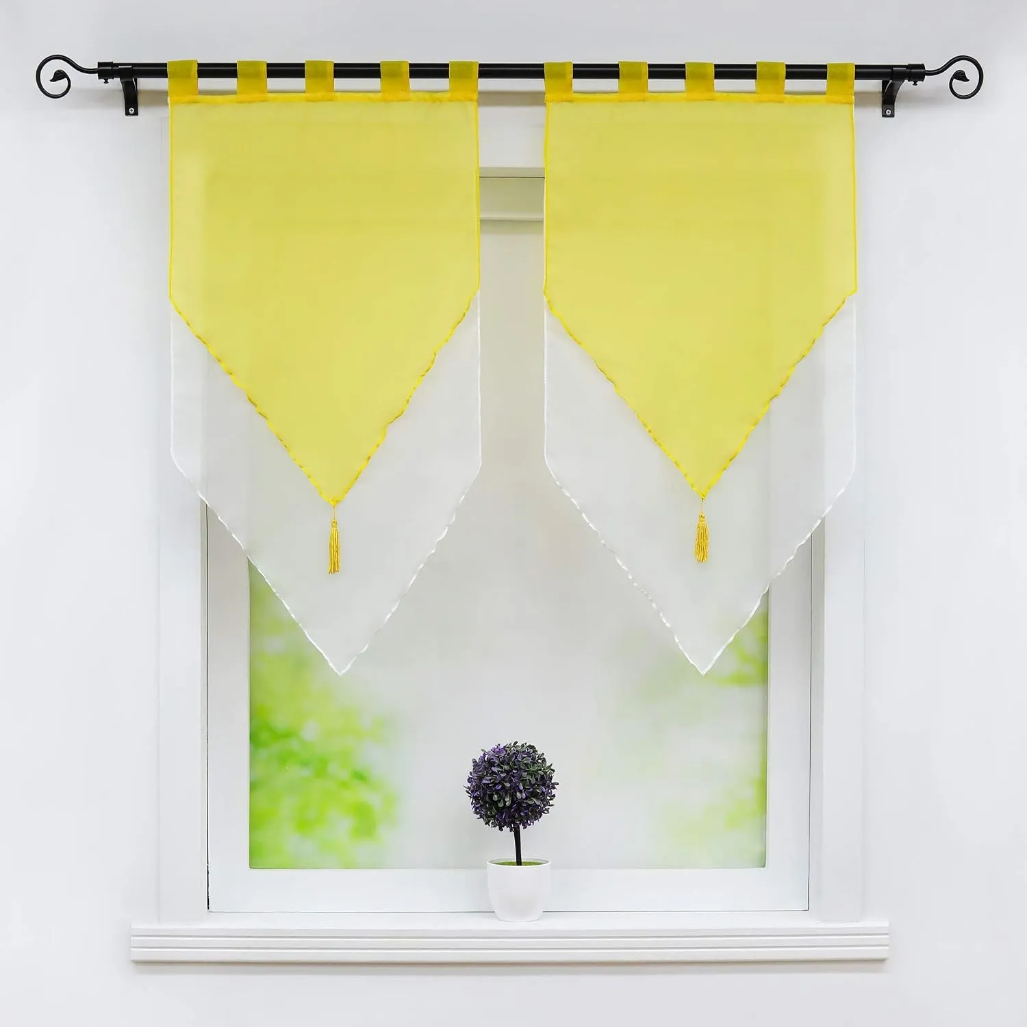 Joyswahl Scheibengardine Voile Panneaux 60x90cm Lydia 45x90cm Gelb/Weiß | Bistrogardinen mit Quaste,Landhausstil,Zweifa…