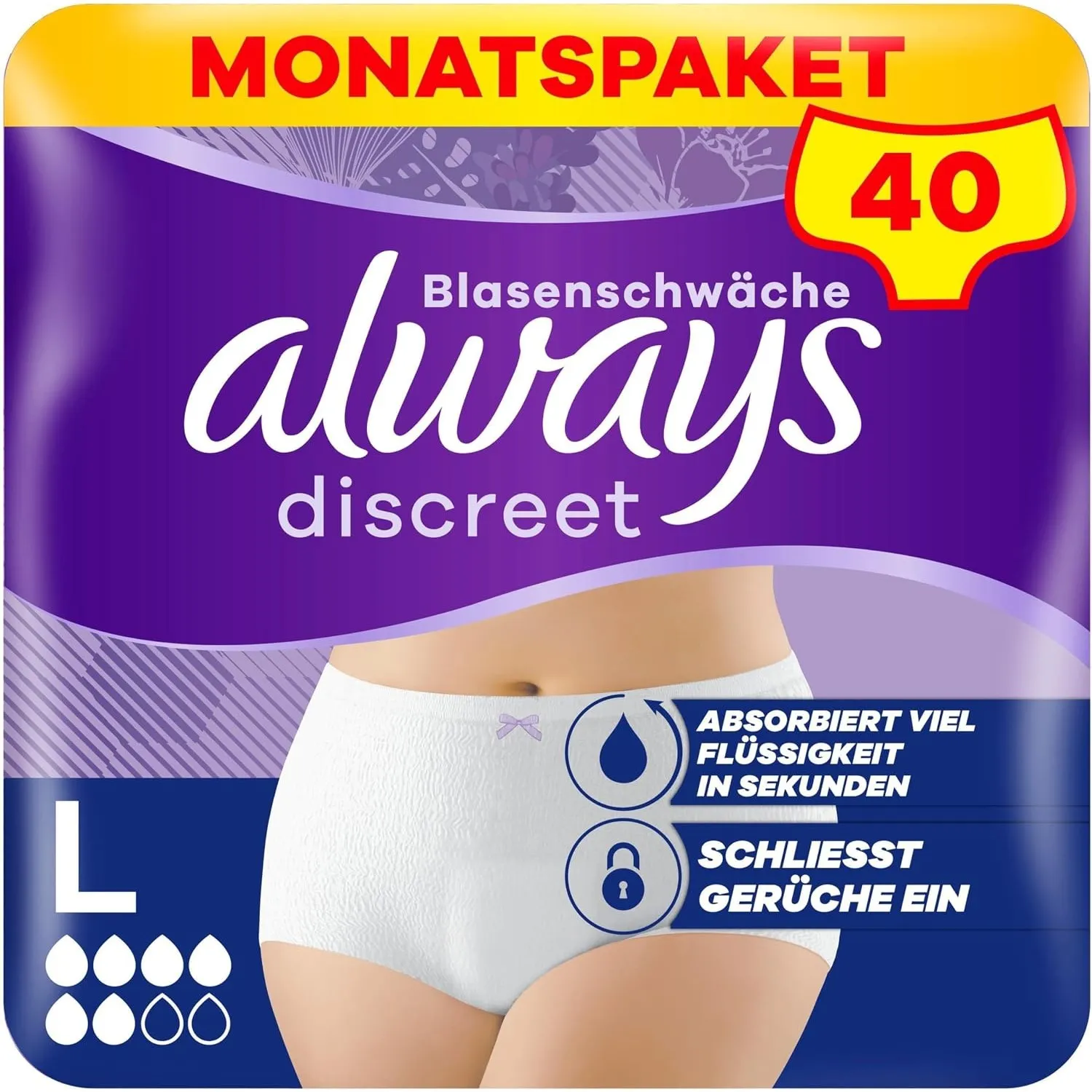 Always Discreet Inkontinenz-Höschen Normal Monatspaket bei Blasenschwäche, Größe L, 40 Höschen (4 Packungen x 10 Stück)