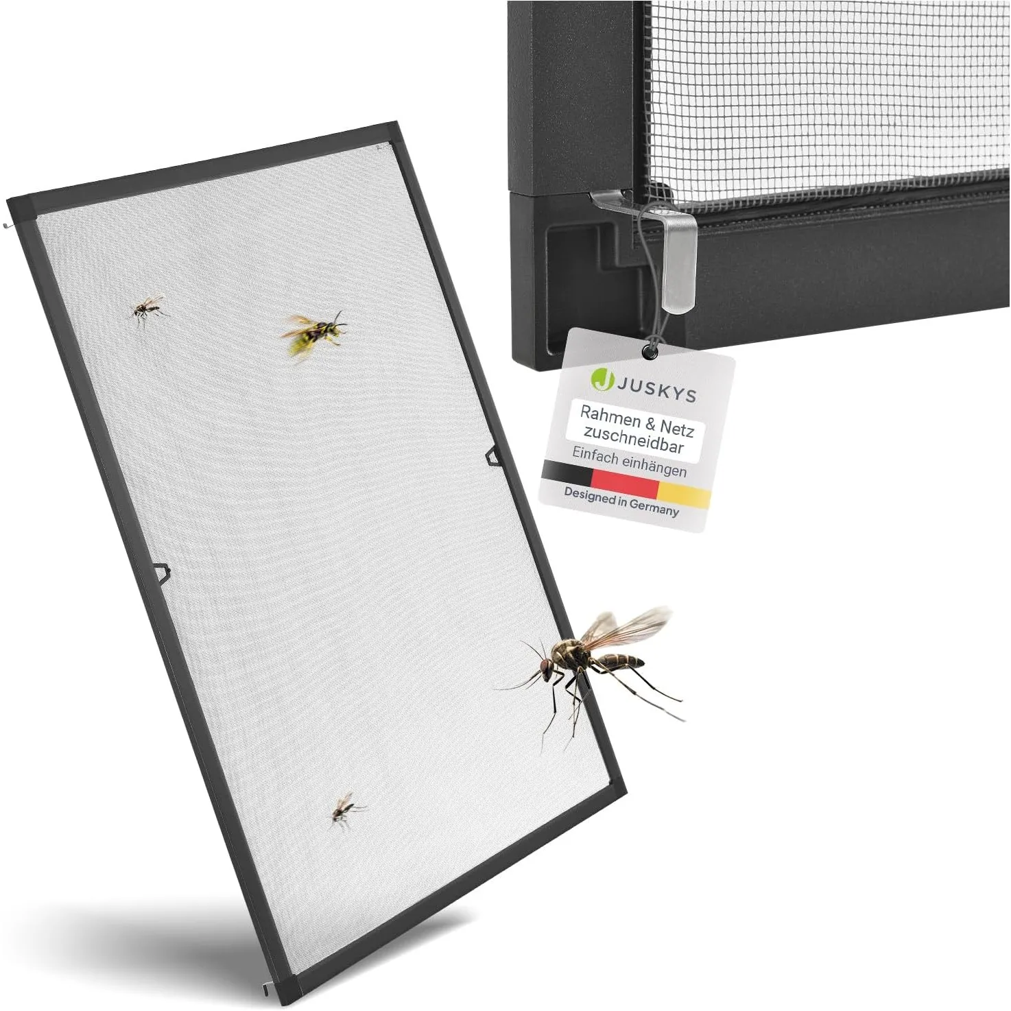 Juskys® Fliegengitter Fenster Alurahmen 130x150 cm (Grau) – Insektenschutz Spannrahmen ohne Bohren, Einhängen – Mückens…