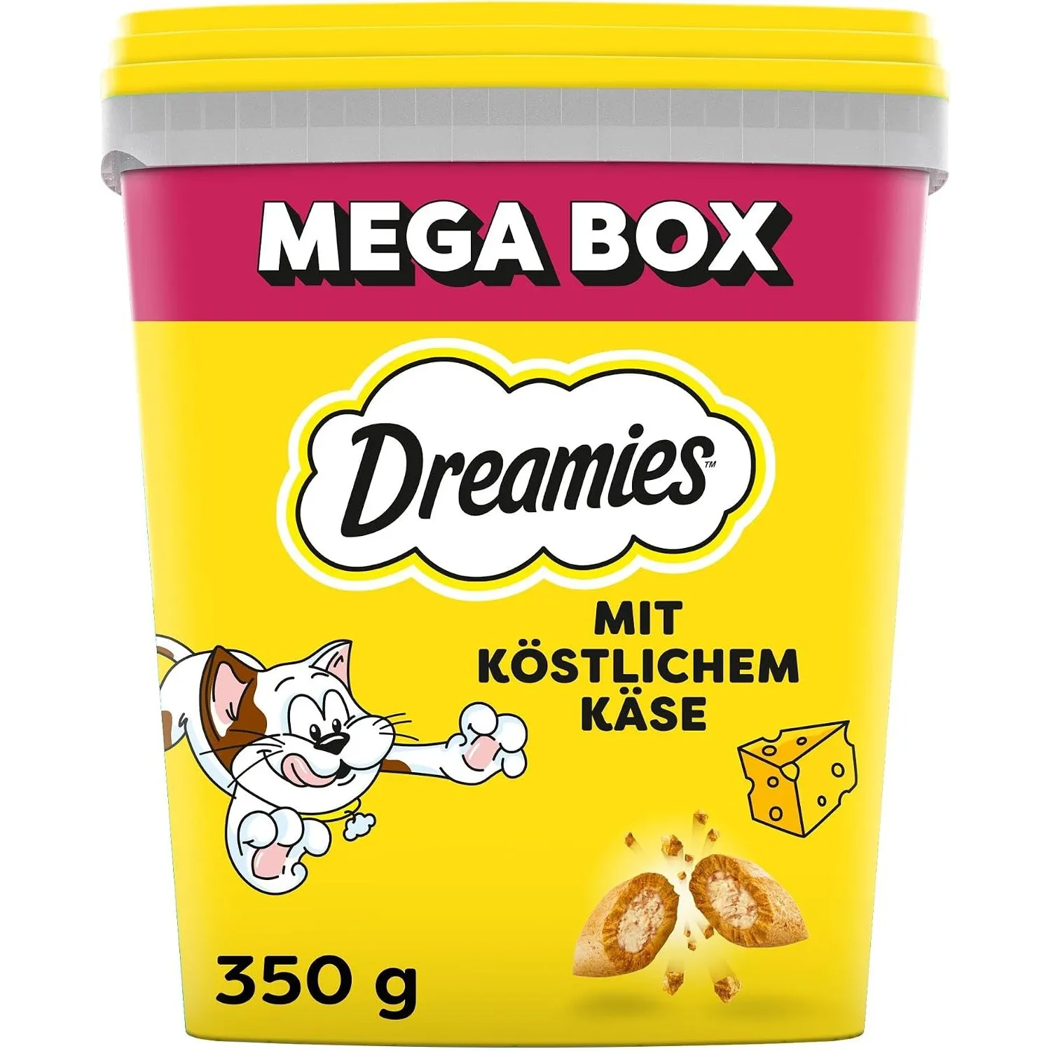DREAMIES Katzensnacks - 2x350g - mit Käse - Traumhaft knusprige Katzen Leckerlies mit zarter Füllung - Mega Box