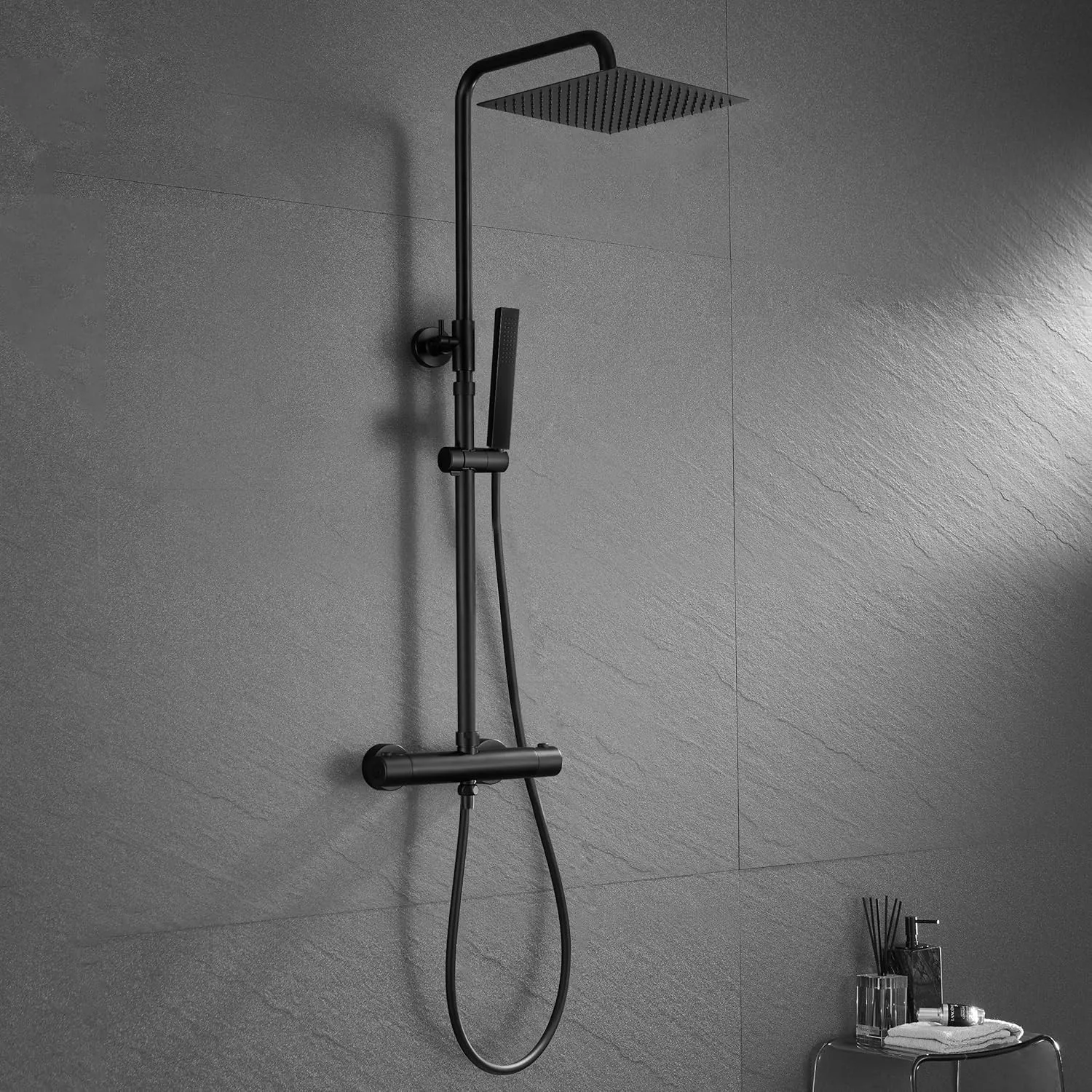 JOHO Thermostat Duschset aus Edelstahl, Wassersparend Duschsystem mit Thermostatarmatur und XL Kopfbrause 25x25cm Matt …