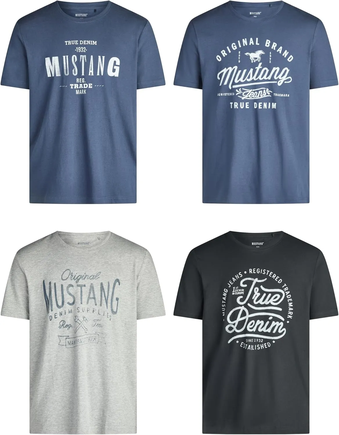 MUSTANG Tshirt Herren Baumwolle Regular Fit 4er Pack Set Rundhals Kurzarm Sommer Tee Shirt Logoprint Schwarz Weiß Grau …