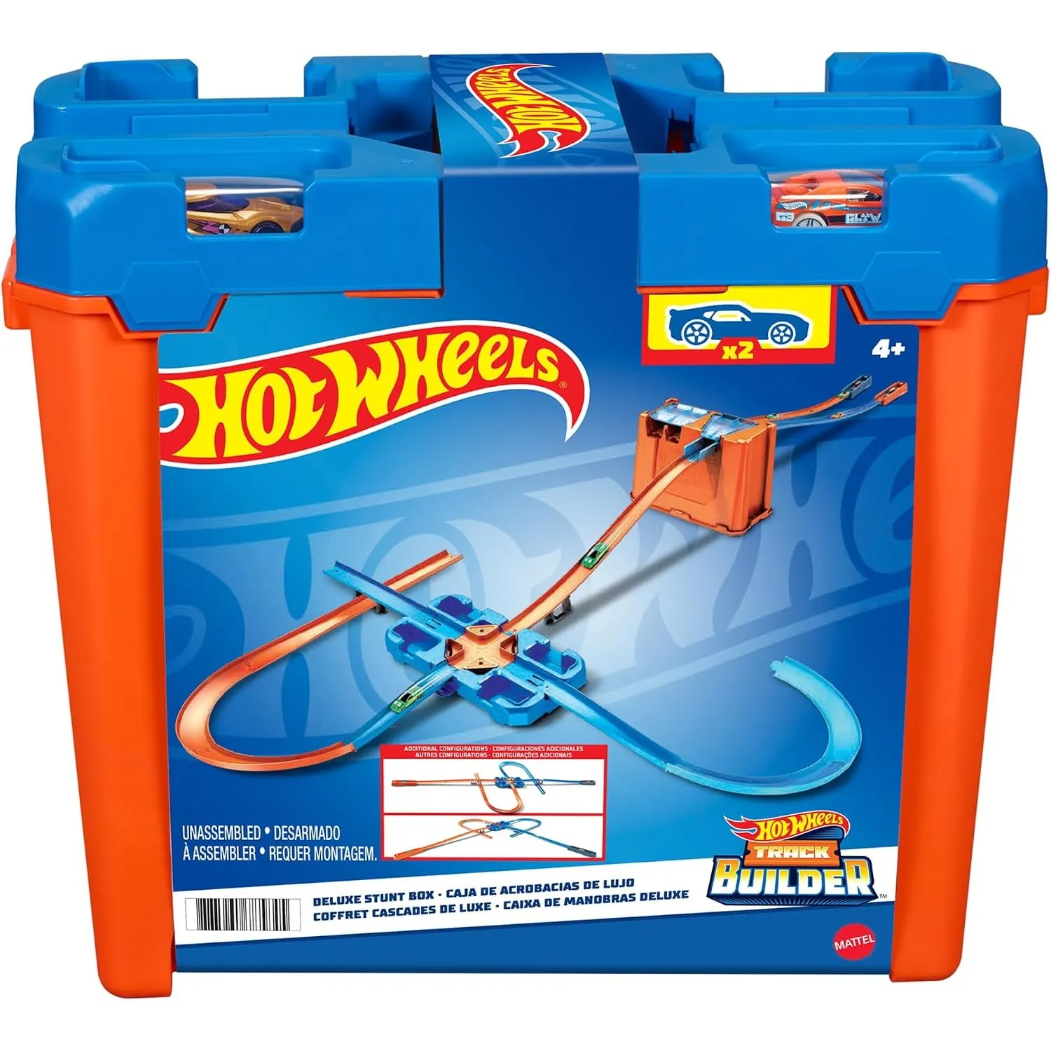 Hot Wheels Bahn Track Builder, Autorennbahn Bauset für Hot Wheels Autos, inkl. 2 Spielzeugautos, Spurwechsler, steile K…