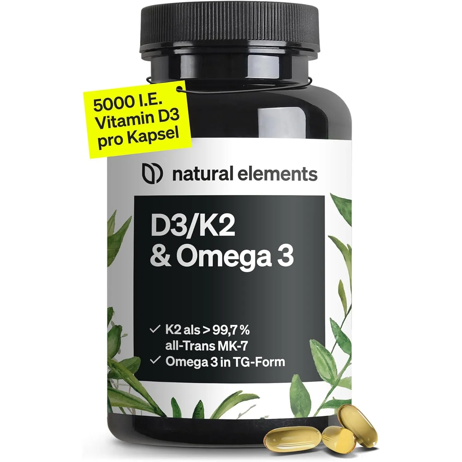 natural elements Vitamin D3 + K2 + Omega 3 – Premium K2VITAL® von Kappa 99,7+% All-Trans K2 – Premium Omega 3 in Trigly…