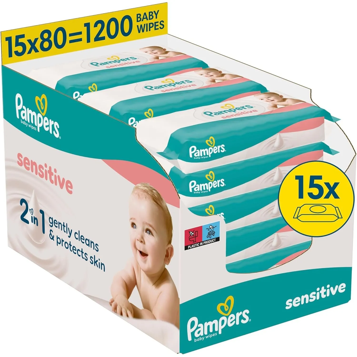 Pampers Sensitive Baby-Feuchttücher, 15 Packungen mit 80 Feuchttüchern,1200 Baby-Feuchttücher, 2-in-1 sanfte Reinigung …