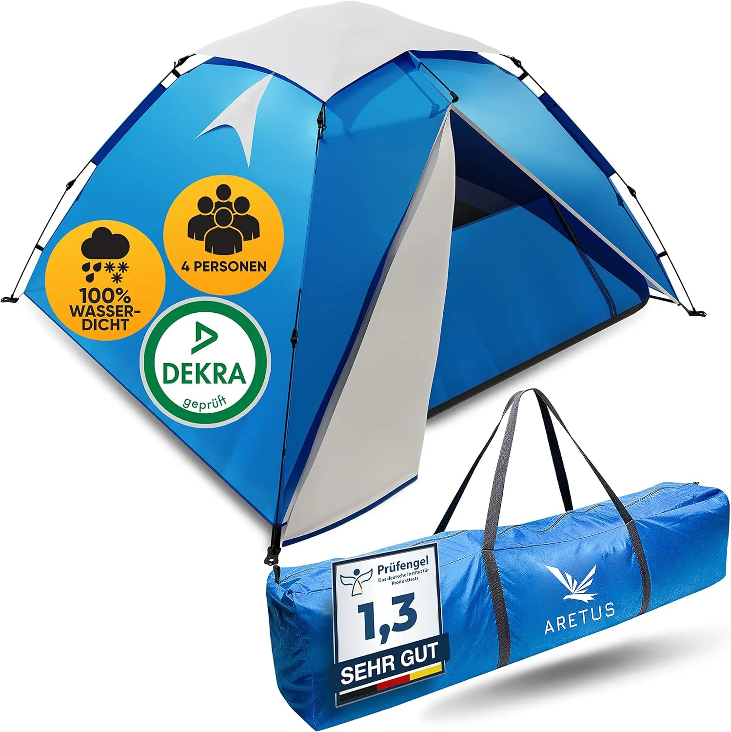 Aretus ® Eagle Tent Large Pop Up 2, 3, 4 Person Tent with Awning, Waterproof 2 Compartments Ventilated UV Protection fo…