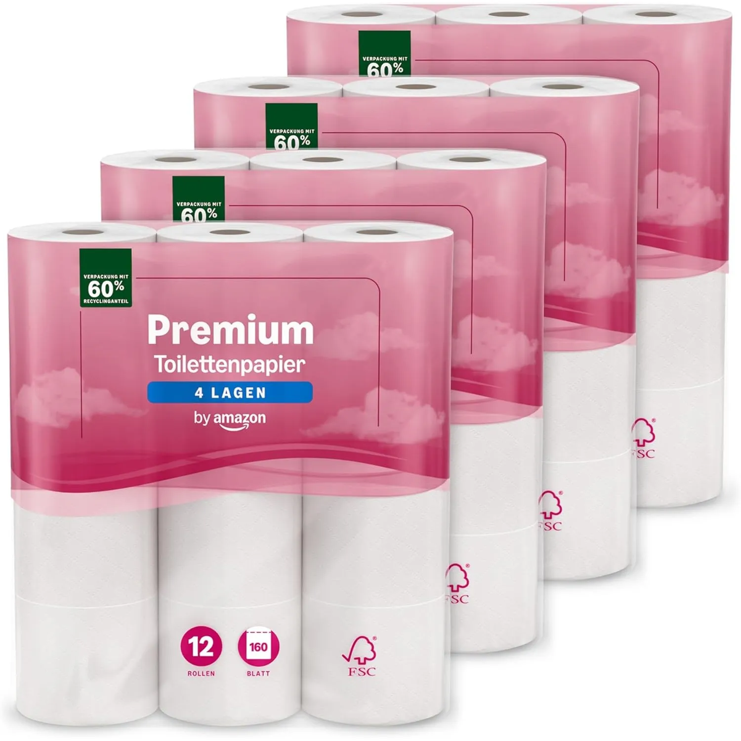by Amazon Premium Toilettenpapier, 4-lagig, 48 Rollen (4 Packungen à 12 Stück), 160 Blatt pro Rolle, FSC-zertifiziert