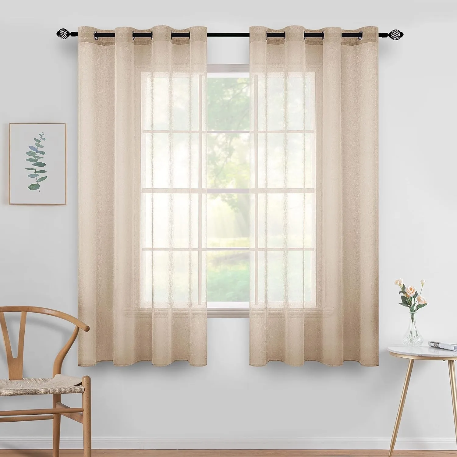 MIULEE Kurzvorhang mit Ösen transparent 140x145 cm 2er Set Khaki