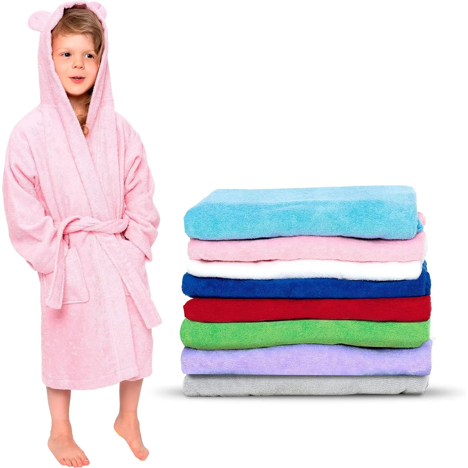 Twinzen - Kinderbademantel Mädchen oder Junge - 100% Baumwolle Ohne Chemikalien OEKO-TEX® - 2 Taschen, Gürtel, Kapuze m…